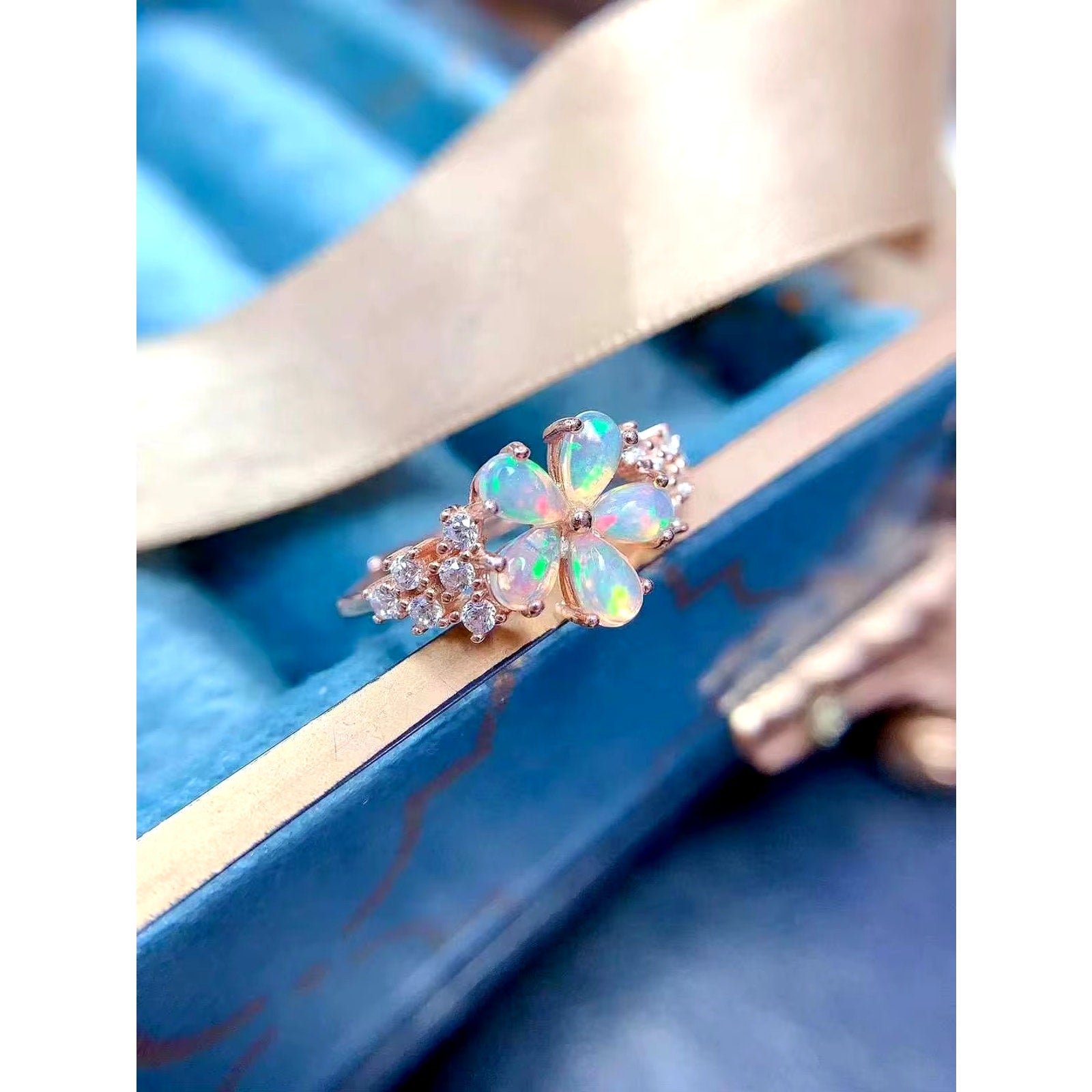 Fire Opal Flower Ring, Women's Natural Fire opal Ring 925 Sterling Silver