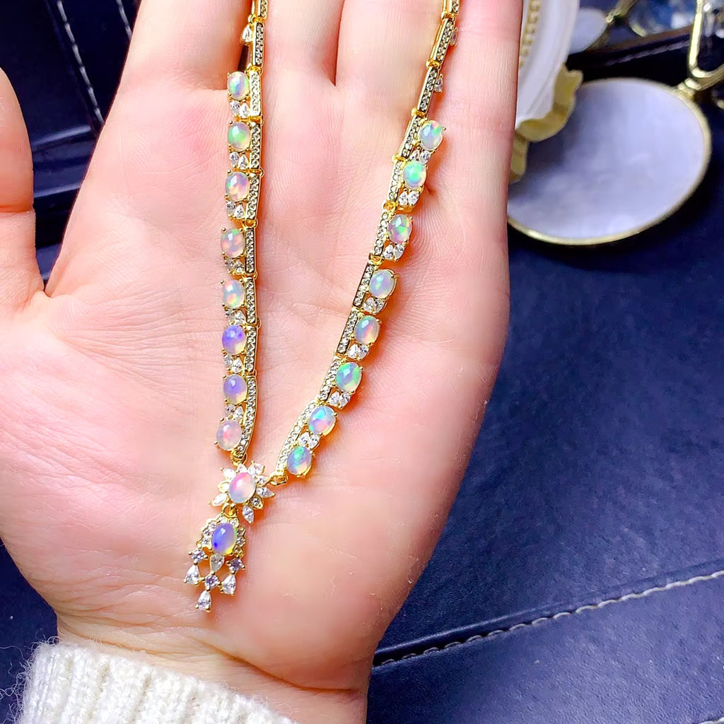 Natural Fire Opal Statement Necklace, Women's Opal Necklace 4x5mm Sterling