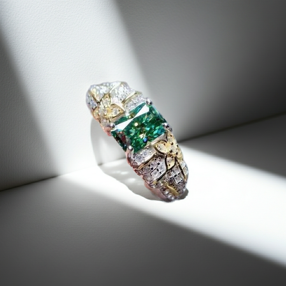 VVS1 1 Carat Radiant Cut Green Moissanite Ring