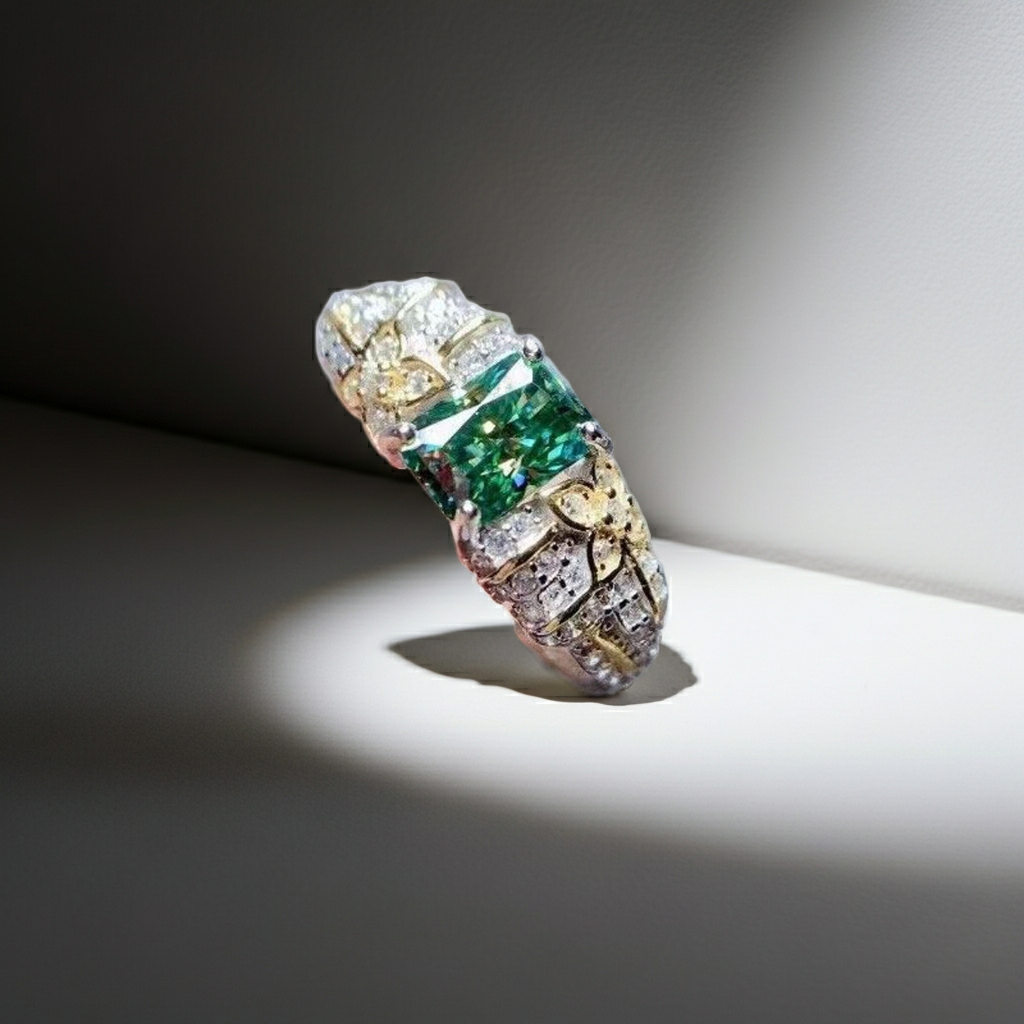 VVS1 1 Carat Radiant Cut Green Moissanite Ring