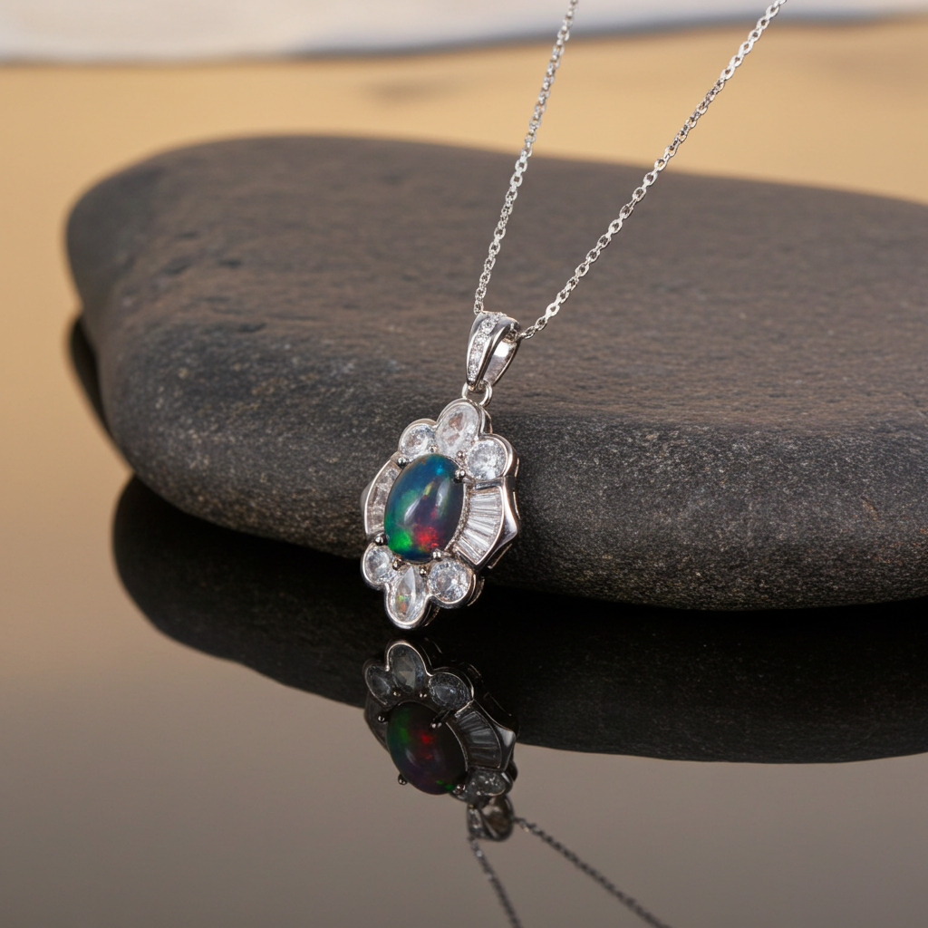Colorful Black Opal Necklace, Natural Fire Opal Pendant Necklace
