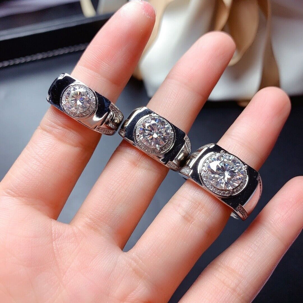 VVS1 2 CT Mens Moissanite Ring, Round Brilliant Cut D Color Moissanite