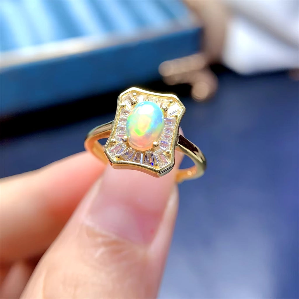 Fire Opal Jewelry Set, Natural Opal Necklace and Ring Set 5x7mm Sterling