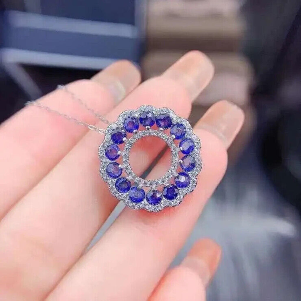 Sri Lanka Sapphire Circle Necklace, Women's Natural Blue Sapphire Necklace