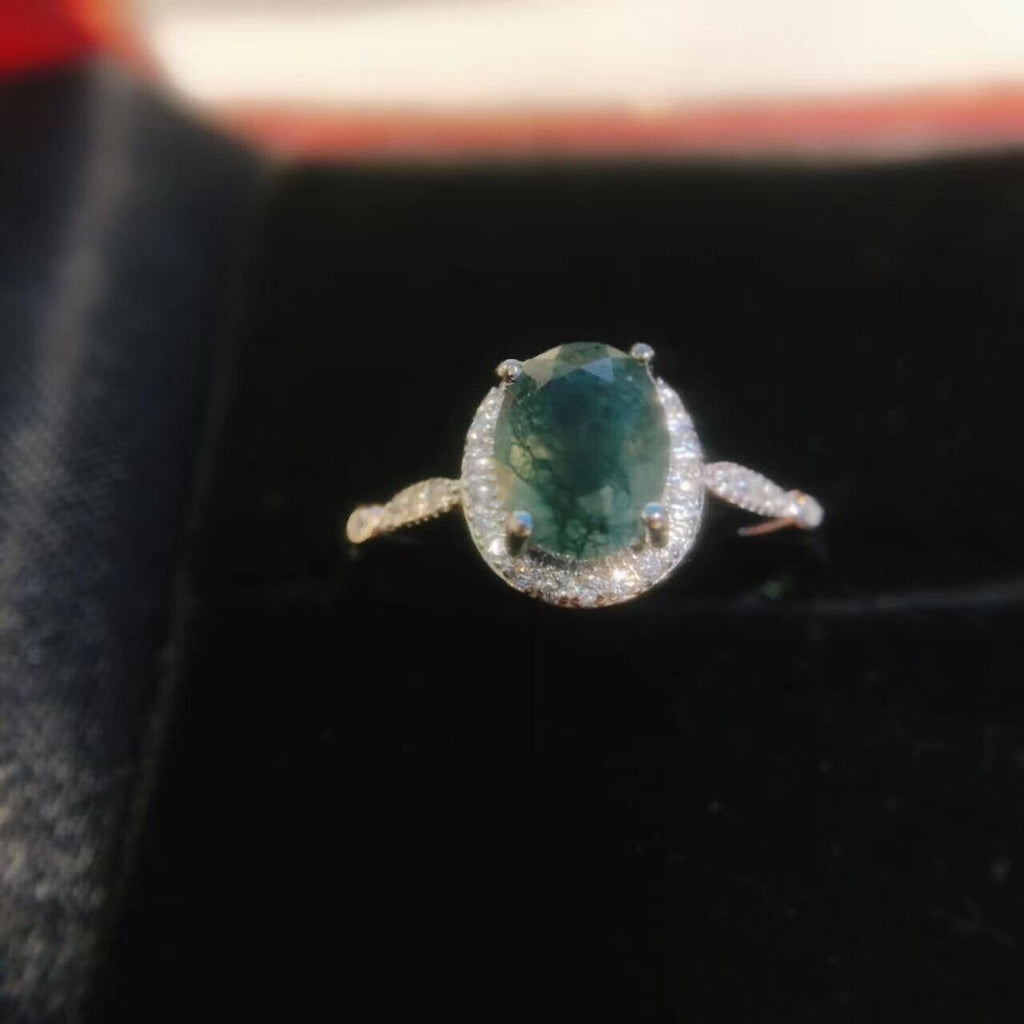 Moss Agate 925 Sterling Silver Ring, 6x8 Natural Moss Agate