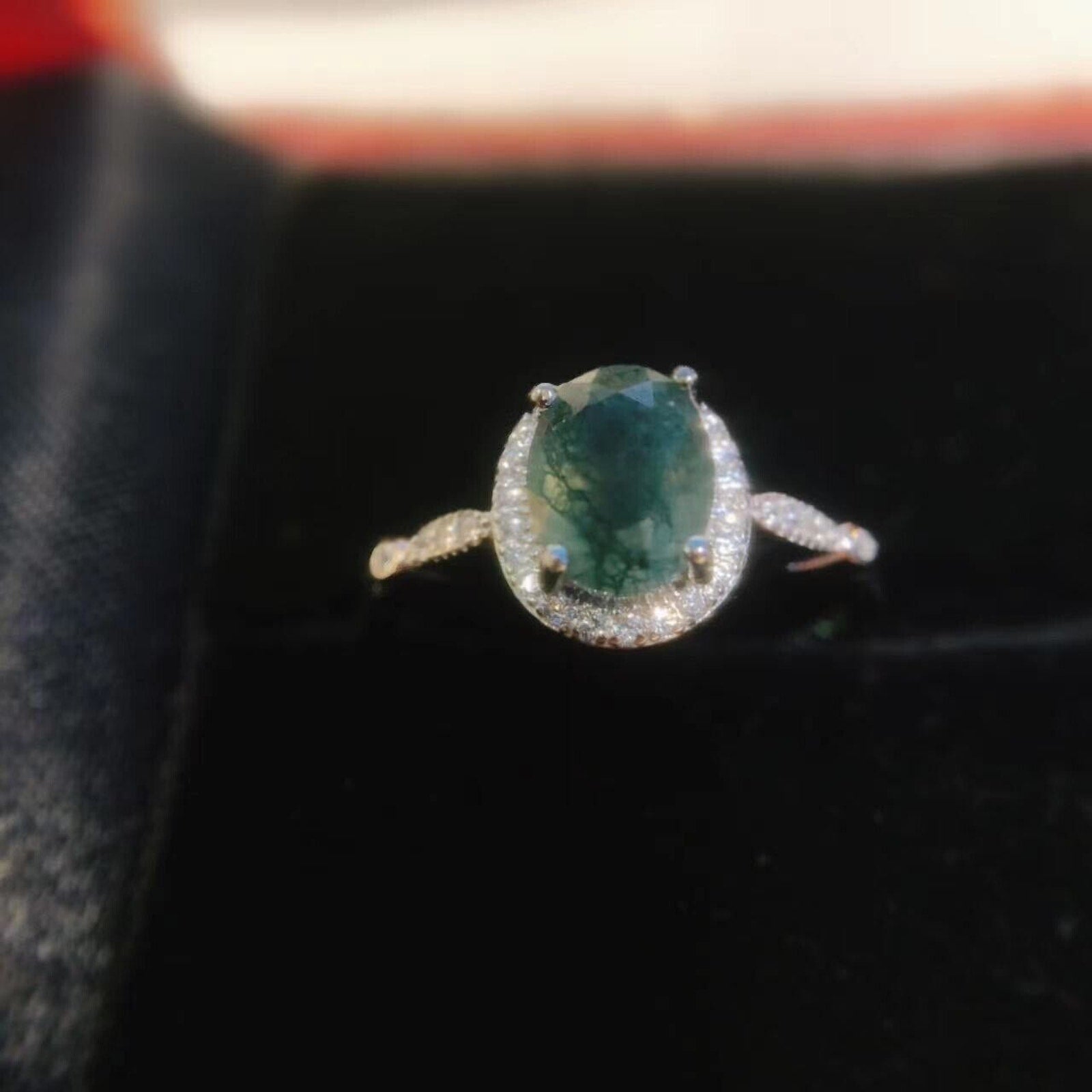 Moss Agate 925 Sterling Silver Ring, 6x8 Natural Moss Agate