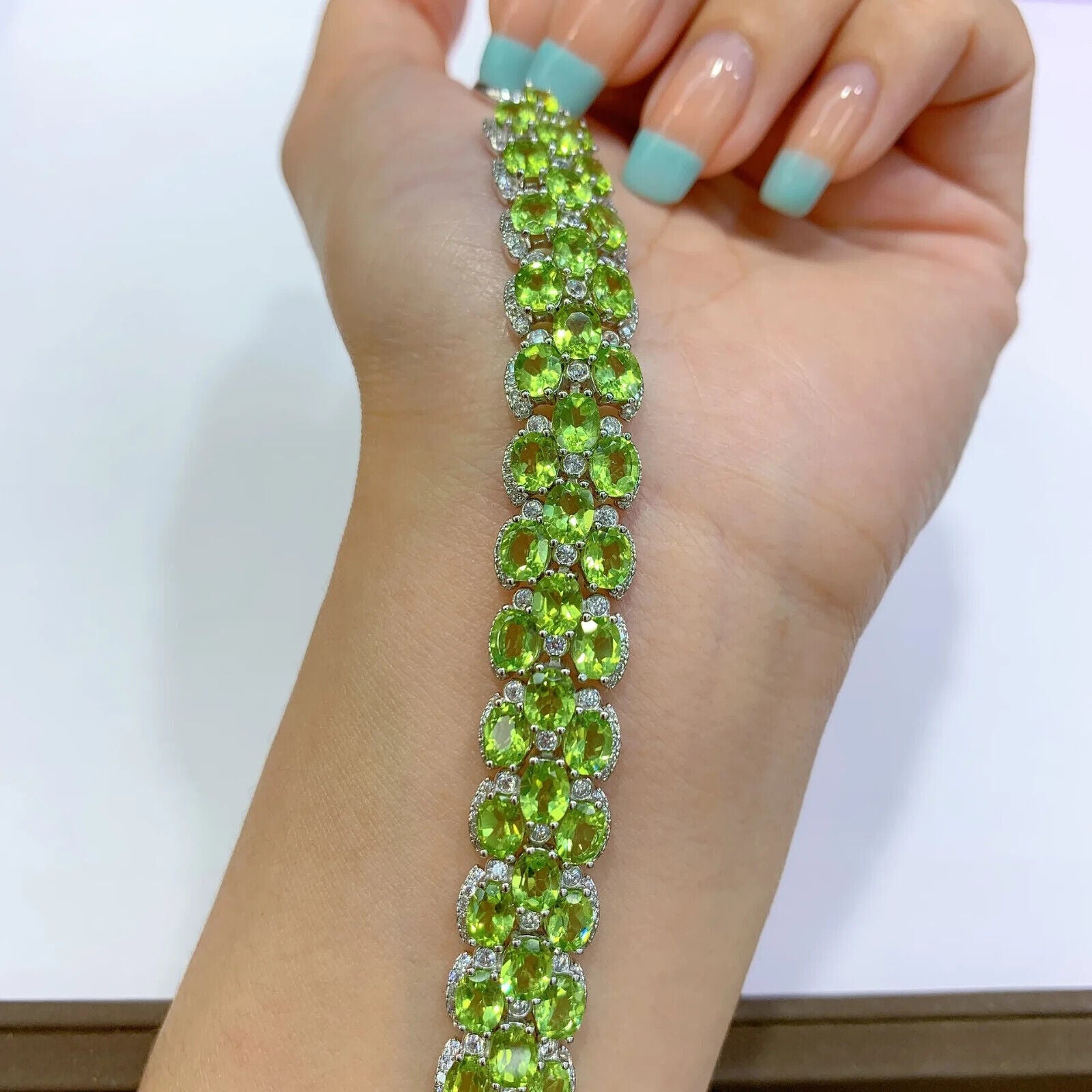 Natural Peridot 3 Layer Tennis Bracelet, August Birthstone Peridot Bracelet CZ