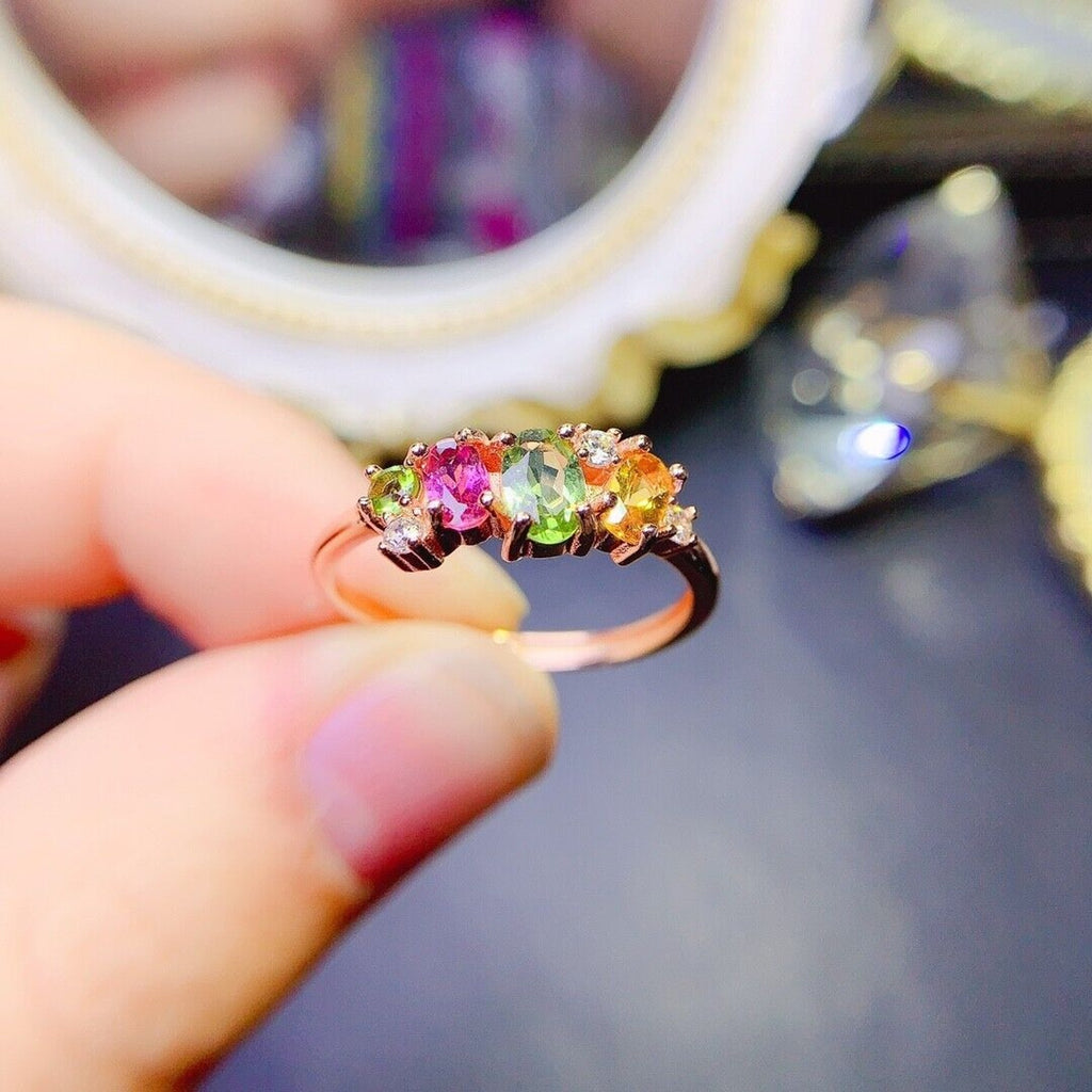 Natural Tourmaline Cluster Band Ring, Multicolor Tourmaline Sterling Silver Ring