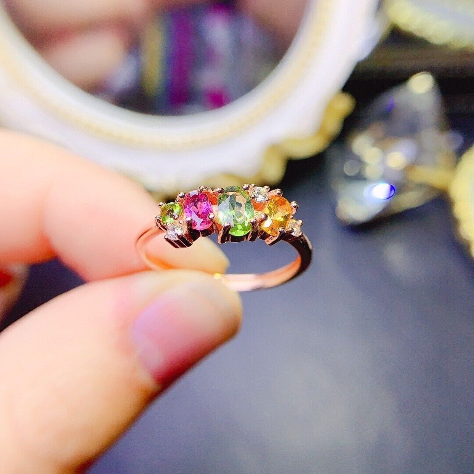 Natural Tourmaline Cluster Band Ring, Multicolor Tourmaline Sterling Silver Ring