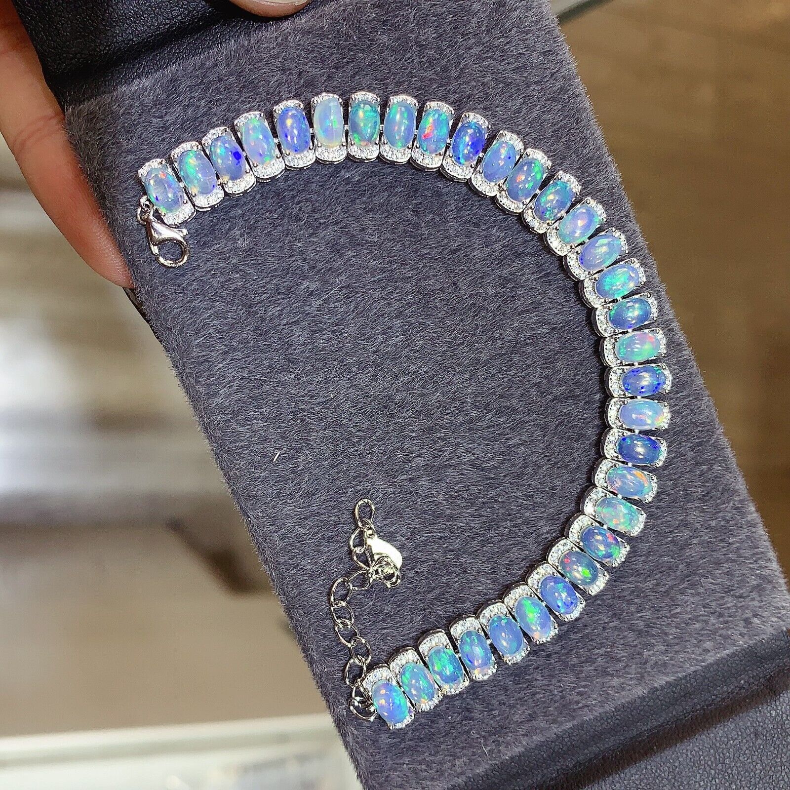 Natural Fire Opal Bracelet, Opal Tennis Bracelet 925 Sterling Silver 4x6mm