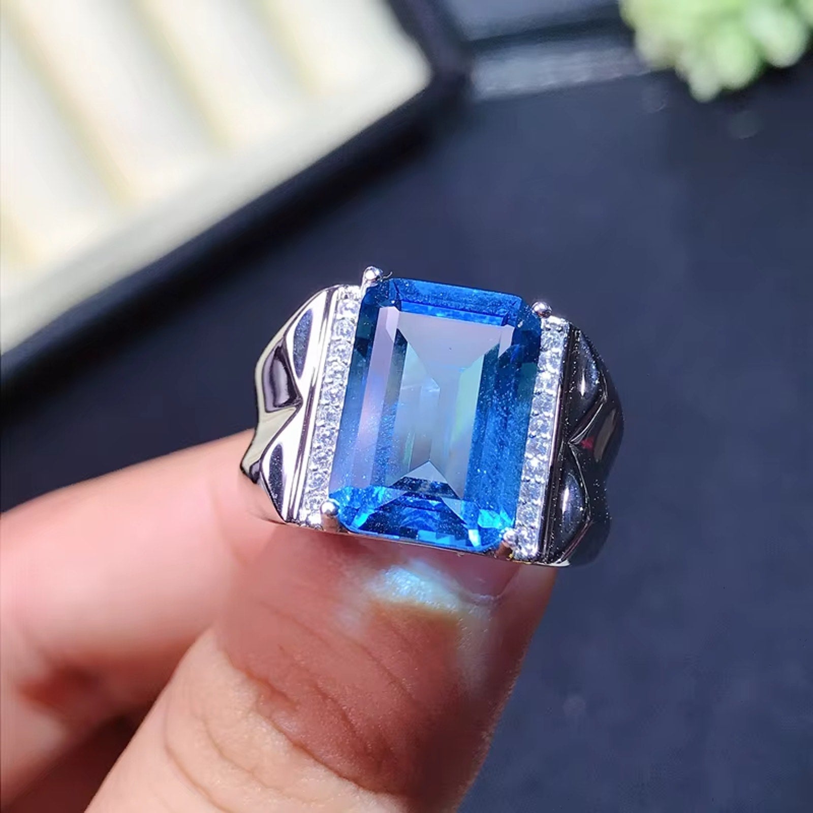 Mens Emerald Cut Blue Topaz Ring 925 Sterling Silver VVS Grade 10x14mm