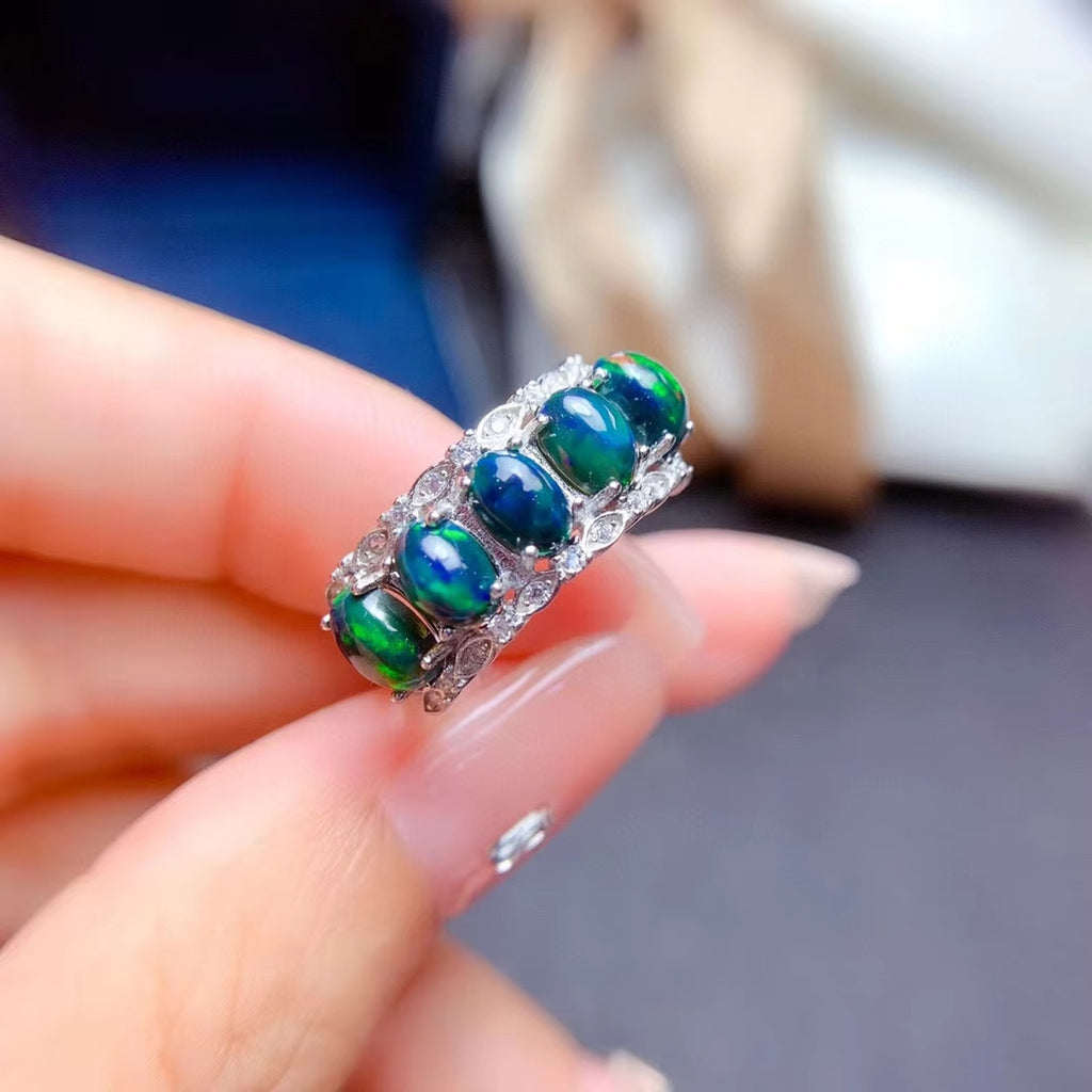 Black Opal Band Ring, Australian Fire Opal Statement Ring Sterling Silver