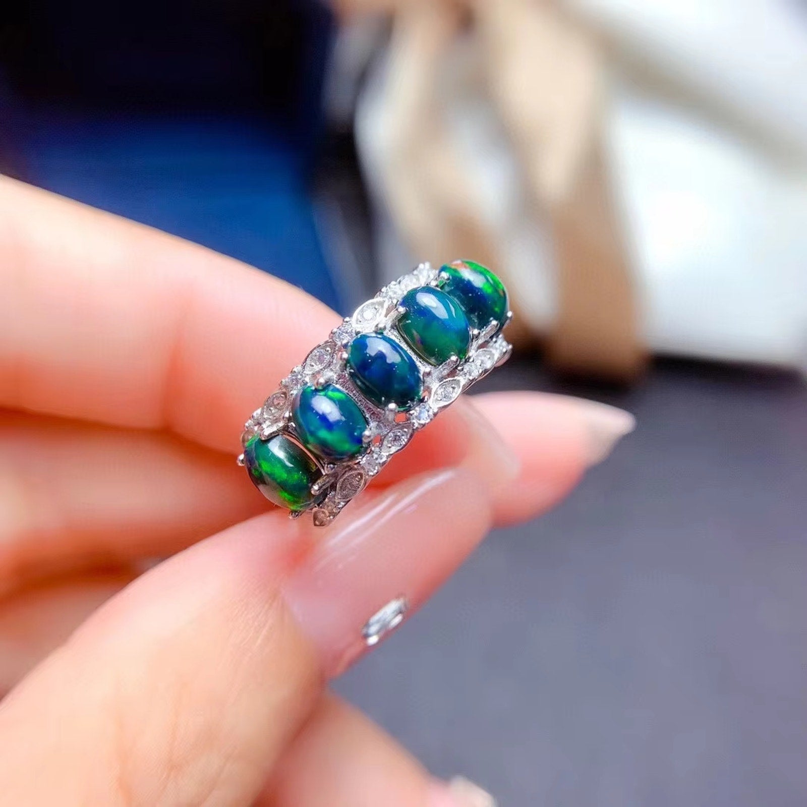 Black Opal Band Ring, Australian Fire Opal Statement Ring Sterling Silver