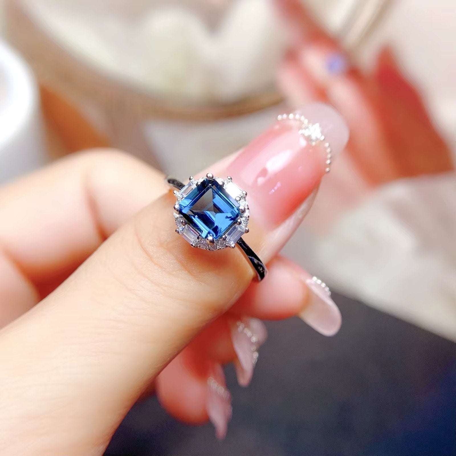 1.25Ct Asscher Cut London Blue Topaz Halo Engagement Ring 925 Sterling Silver