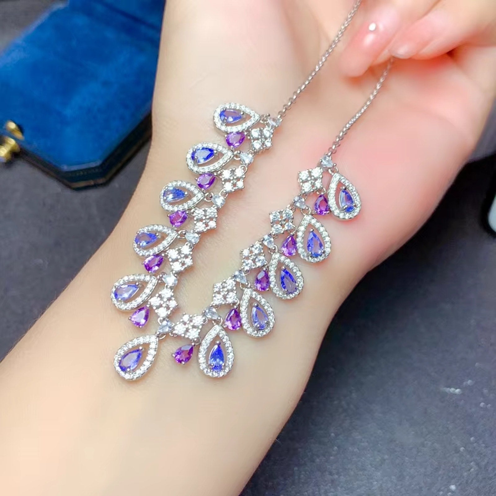 Natural Amethyst & Purple Tanzanite Gemstone Charm Necklace 925 Sterling Silver