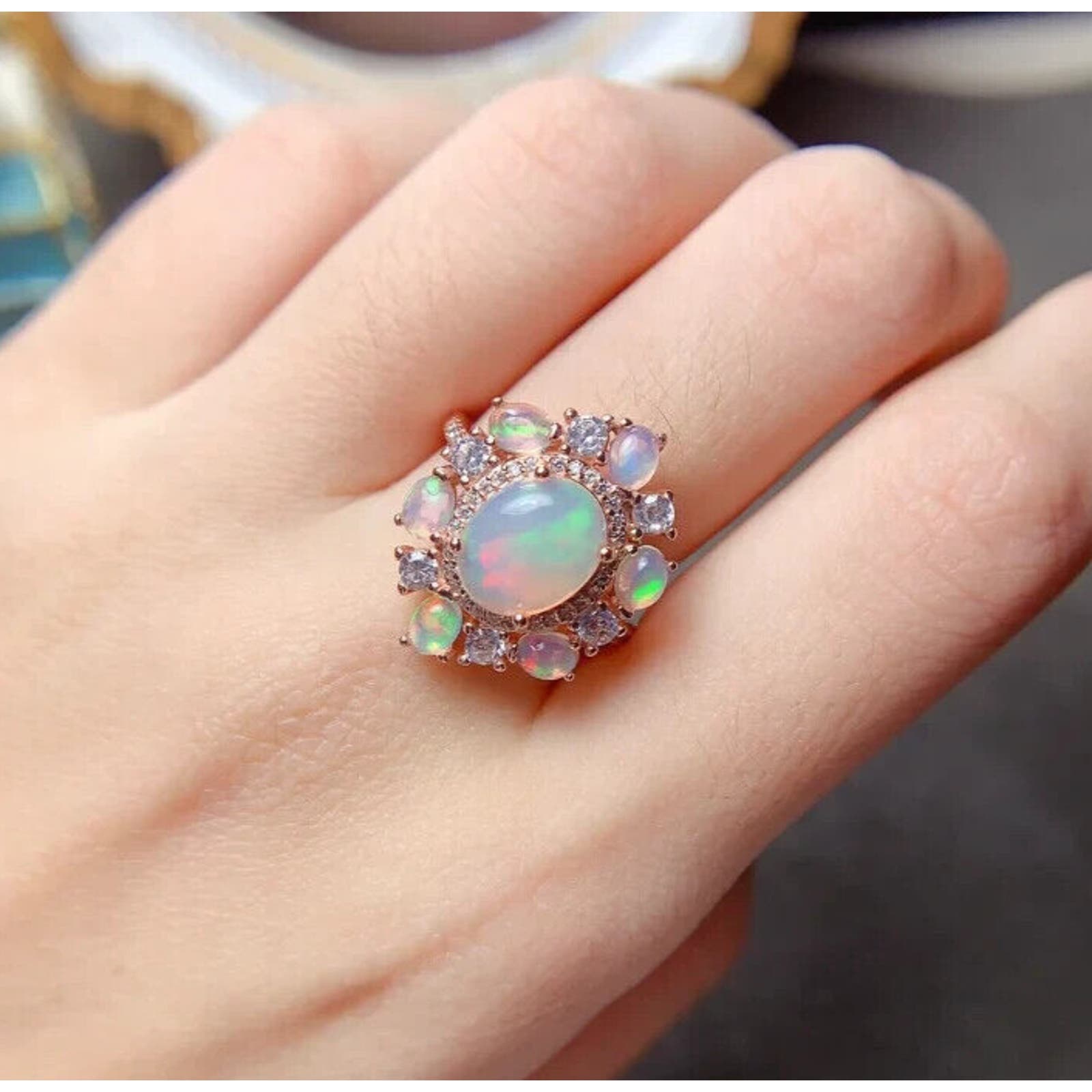 White Fire Opal Cluster Statement Ring Sterling Silver