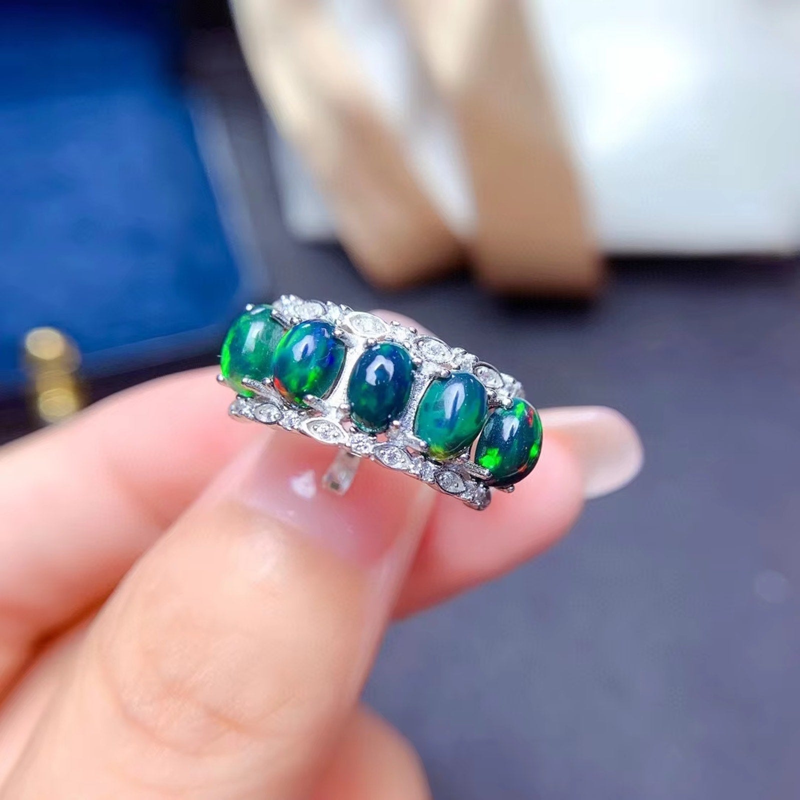 Black Opal Band Ring, Australian Fire Opal Statement Ring Sterling Silver