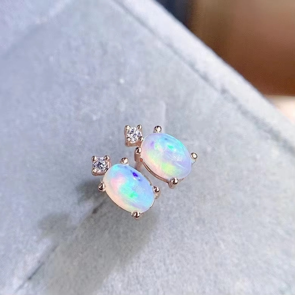 Natural Fire Opal Earrings, Women's Opal Stud Earrings 925 Sterling Silver 4x6mm