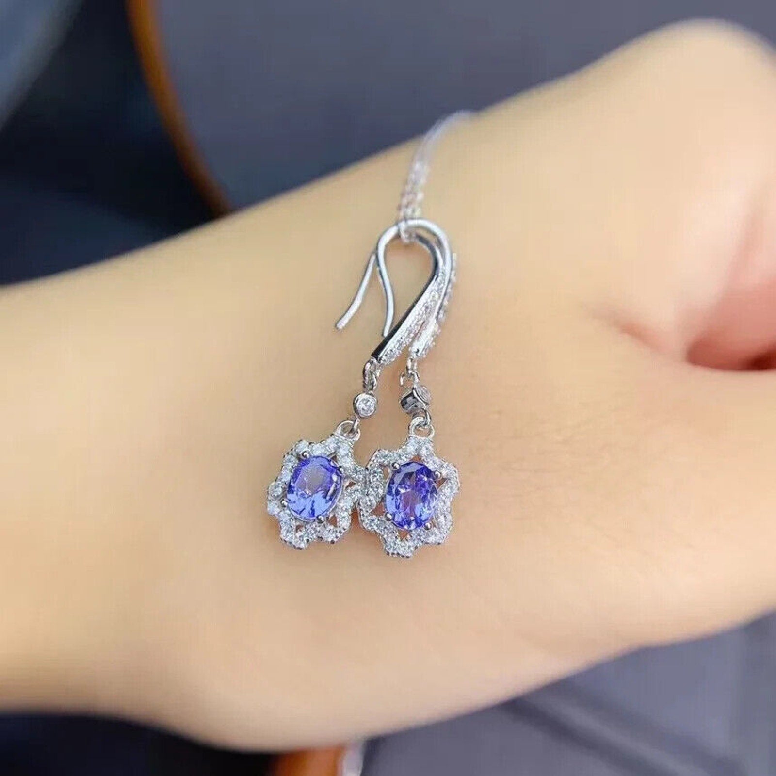 Natural Purple Tanzanite Dangle Earrings Sterling Silver, Tanzanite Earrings