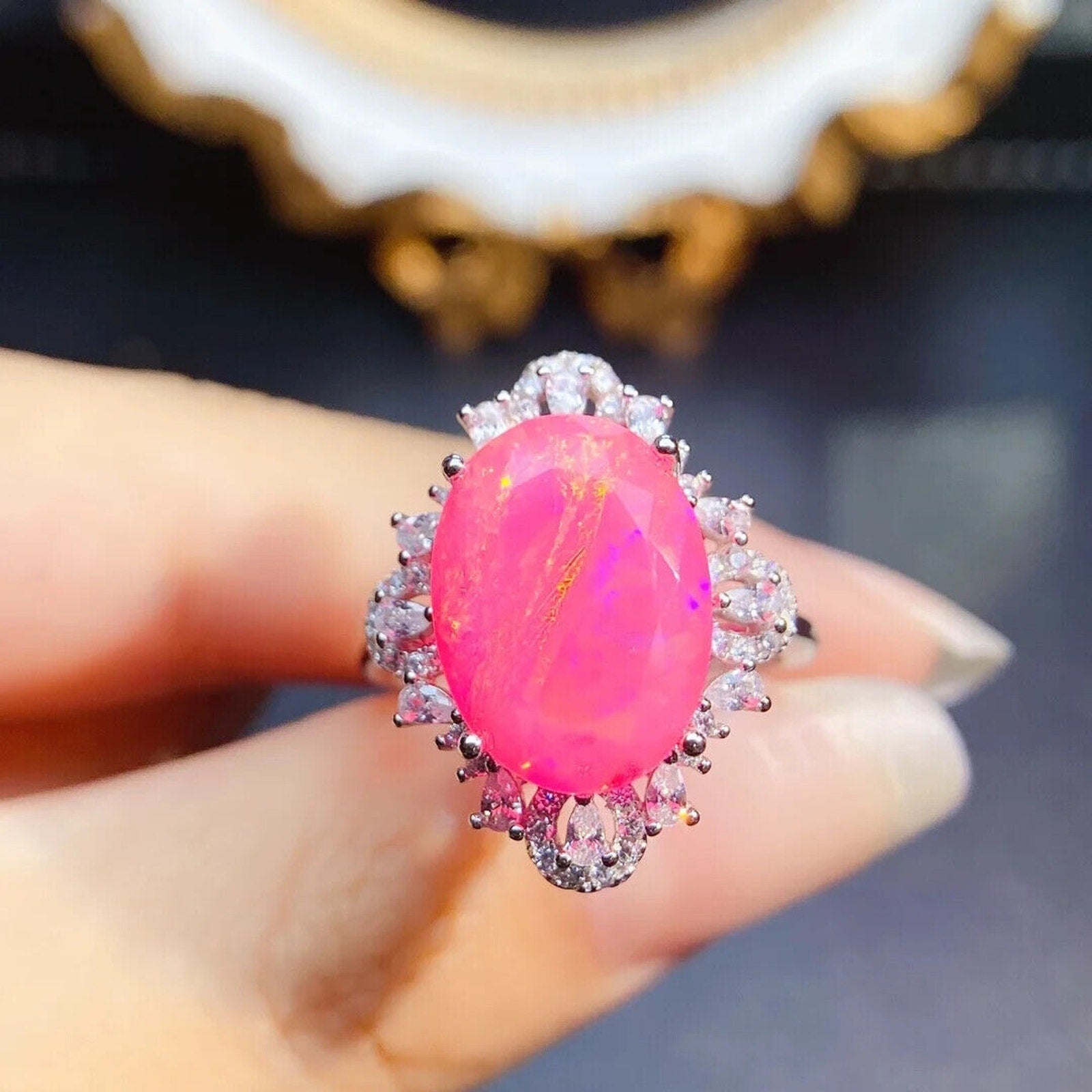 Pink Fire Opal Large Statement Ring 11x15mm, Natural Pink Fire Opal Ring