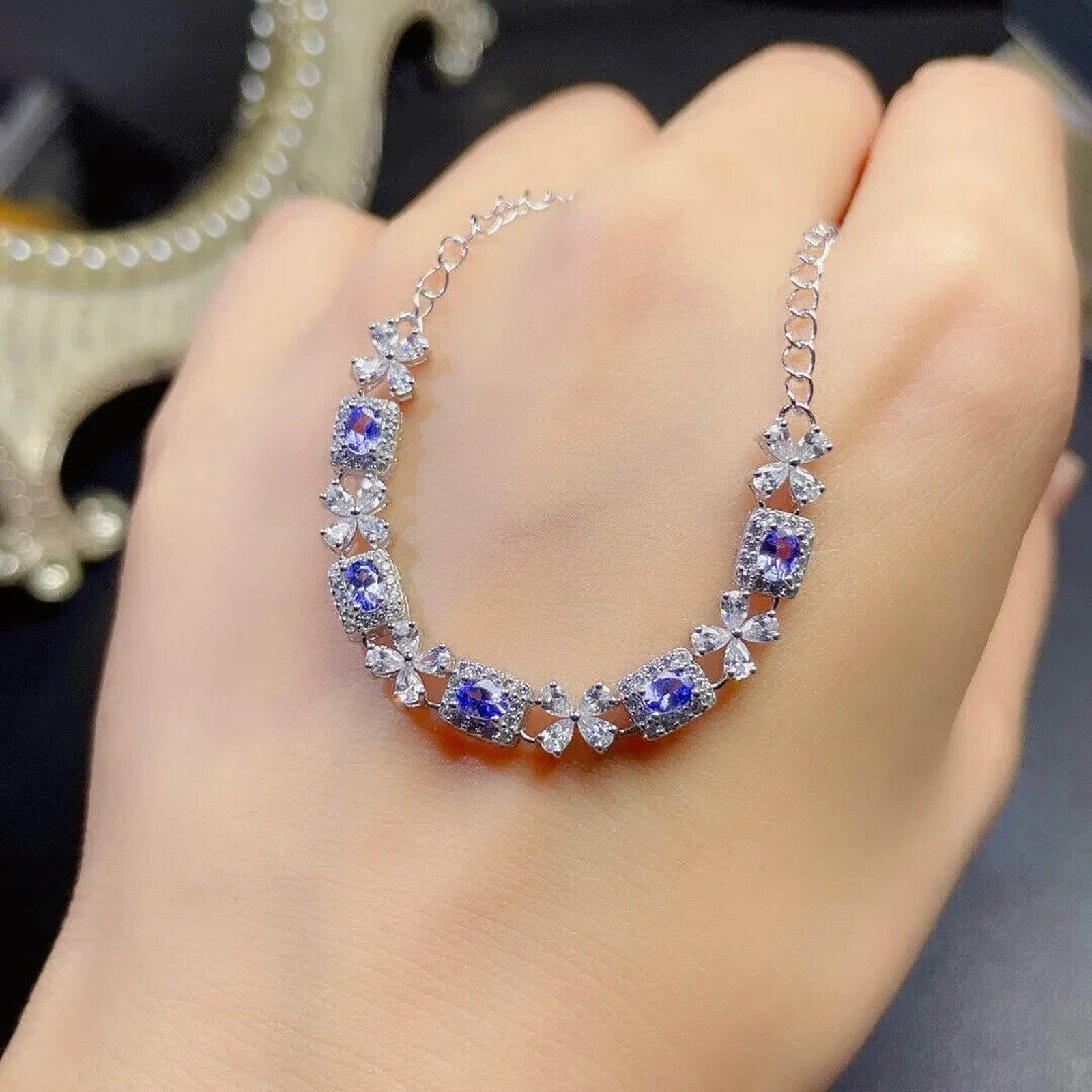 Purple Tanzanite Gemstone Bracelet, Natural Purple Tanzanite Bracelet Platinum