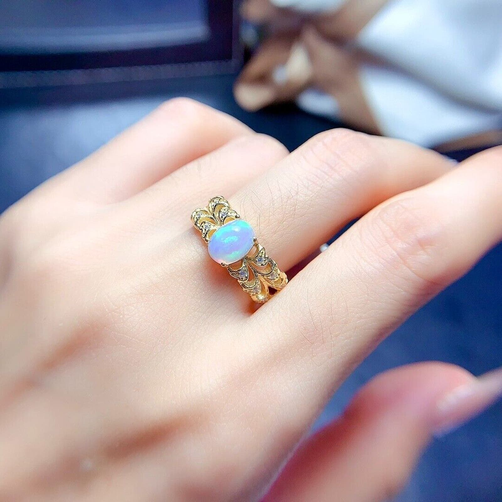Natural White Opal Cocktail Ring 6x8mm Sterling Silver