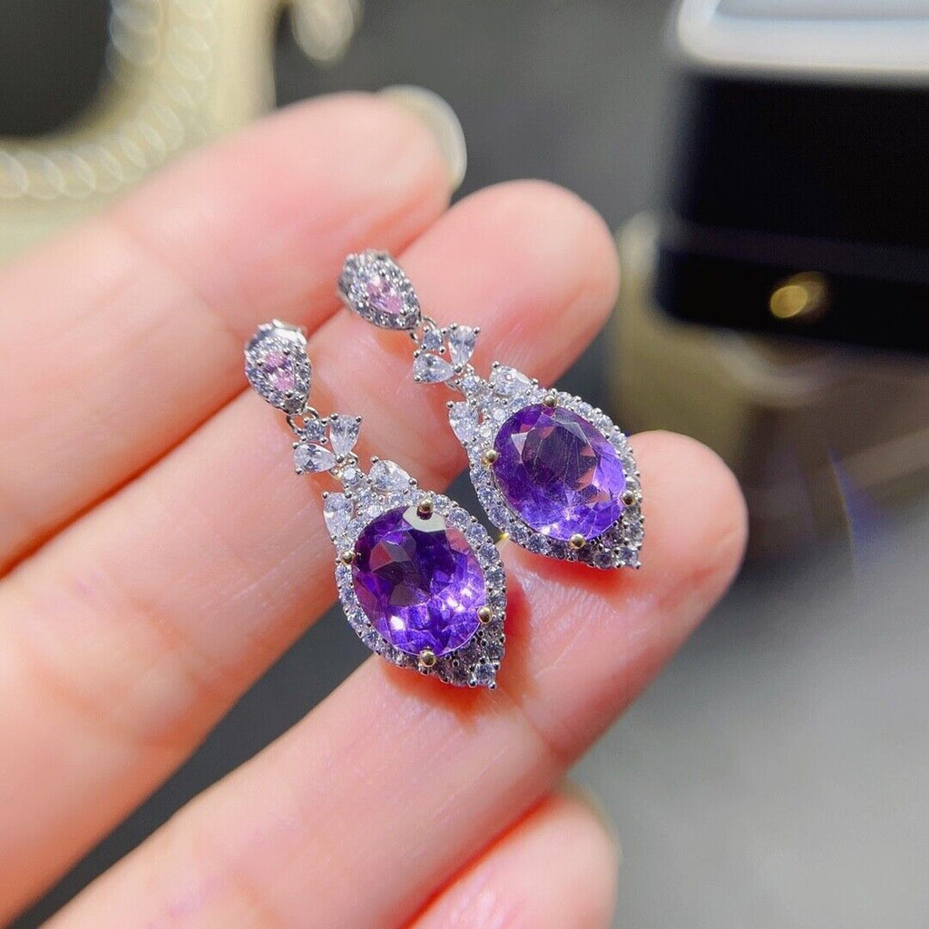 8x10mm Genuine Amethyst Drop Dangle Earrings, Oval Cut Amethyst Earrings