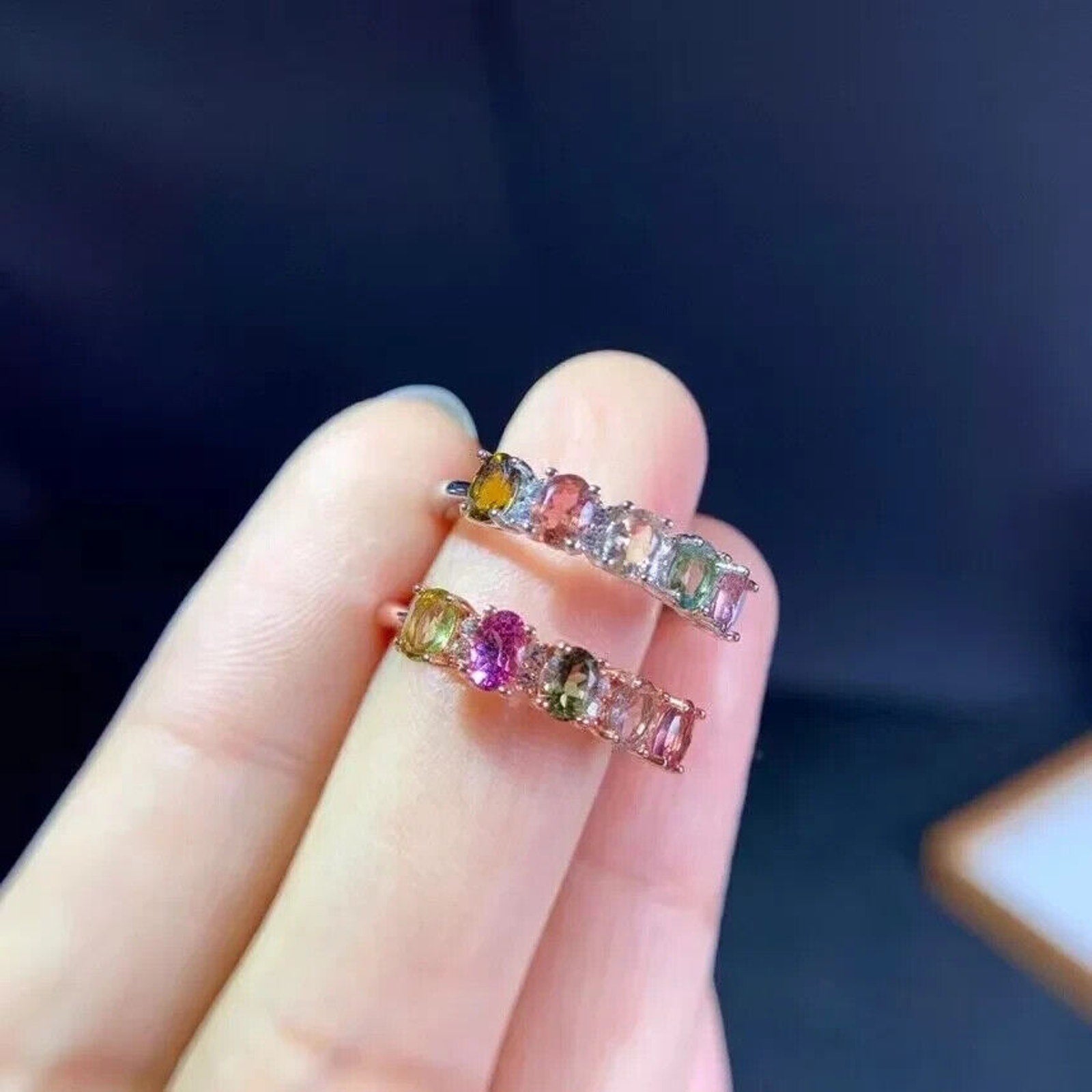 Dainty Tourmaline Gemstone Band Ring, Natural Multicolor Tourmaline Band Ring