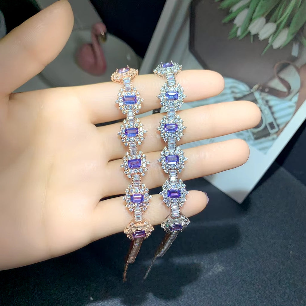 Tanzanite Tennis Bracelet 925 Sterling Silver, Emerald Cut Tanzanite Bracelet