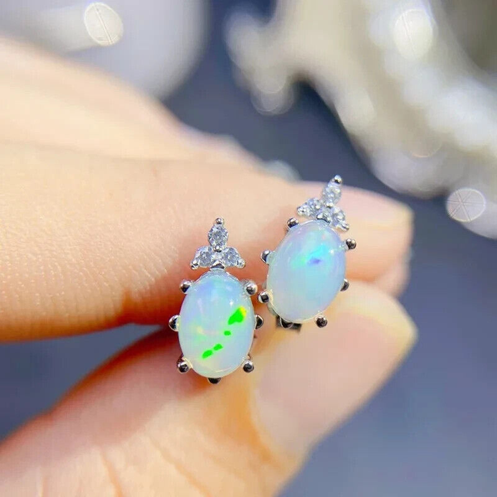 Colorful Fire Opal Stud Earrings, Australian Opal Stud Earrings Sterling 5x7mm