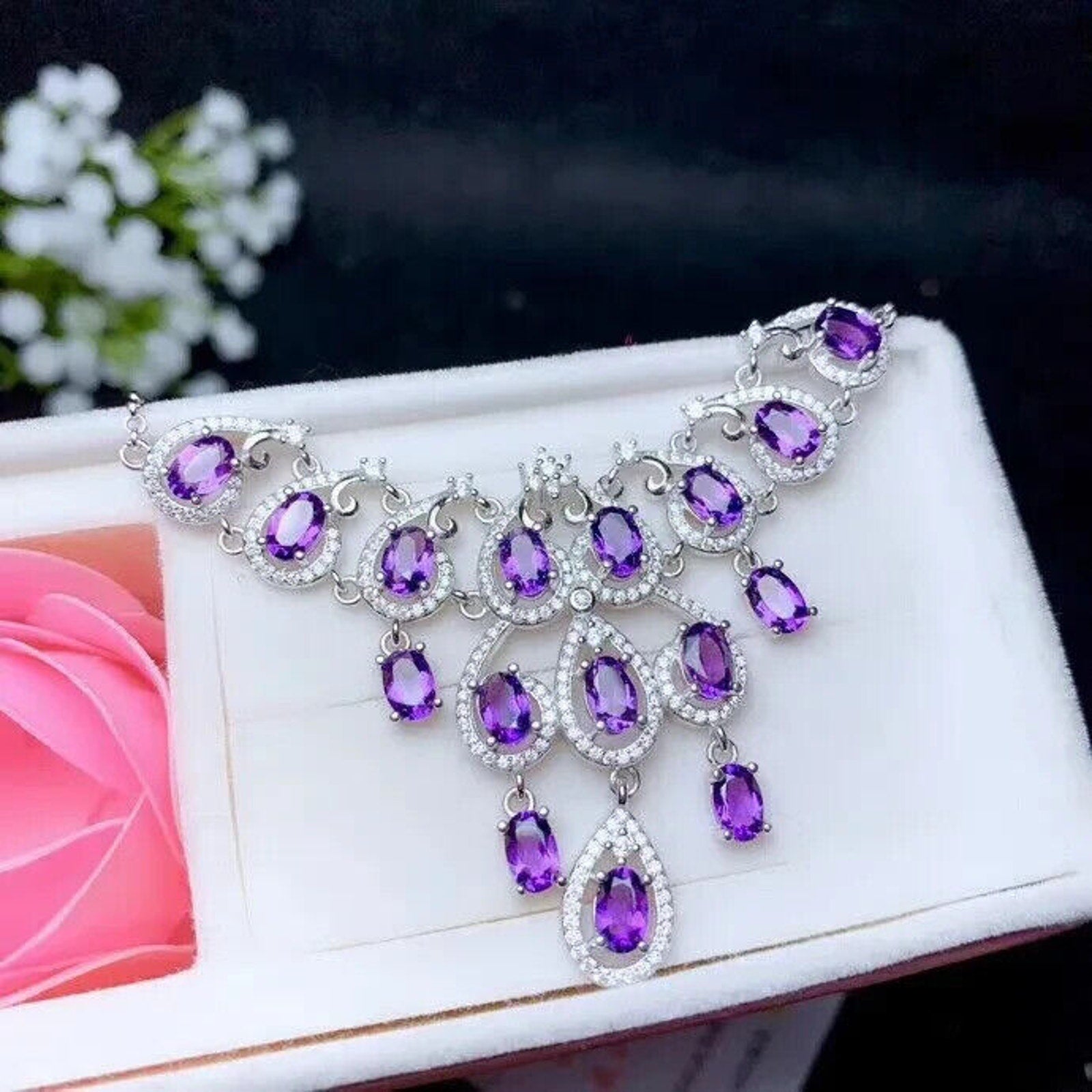 Amethyst Statement Necklace, Natural Amethyst Gemstone Necklace 925 Sterling