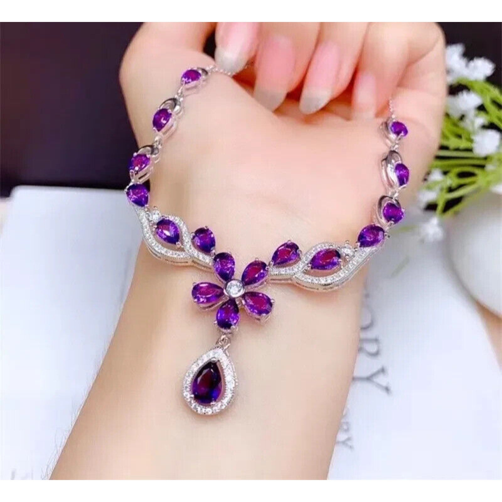 Natural Amethyst Statement Necklace, Amethyst Flower Necklace 925 Sterling