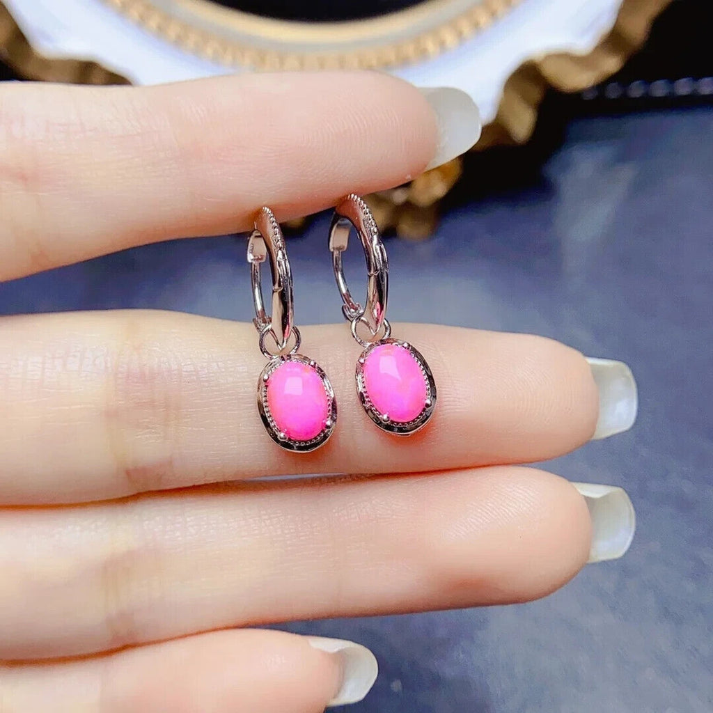 Pink Fire Opal Dangle Earrings 5x7mm, Natural Pink Opal Earrings Sterling Silver