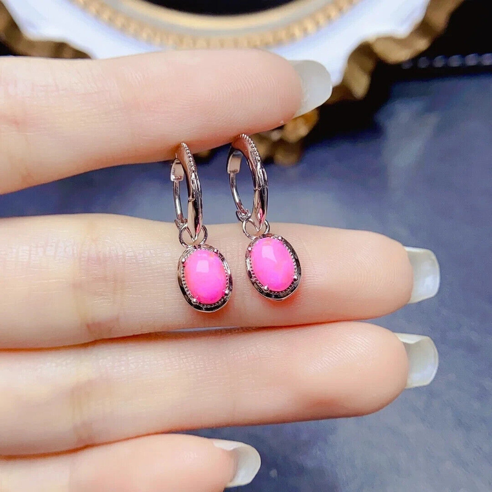 Pink Fire Opal Dangle Earrings 5x7mm, Natural Pink Opal Earrings Sterling Silver