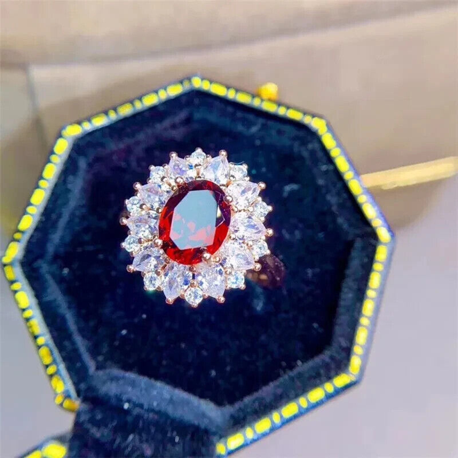 Red Garnet Cluster Statement Ring 7x9mm Platinum Pated Sterling Silver