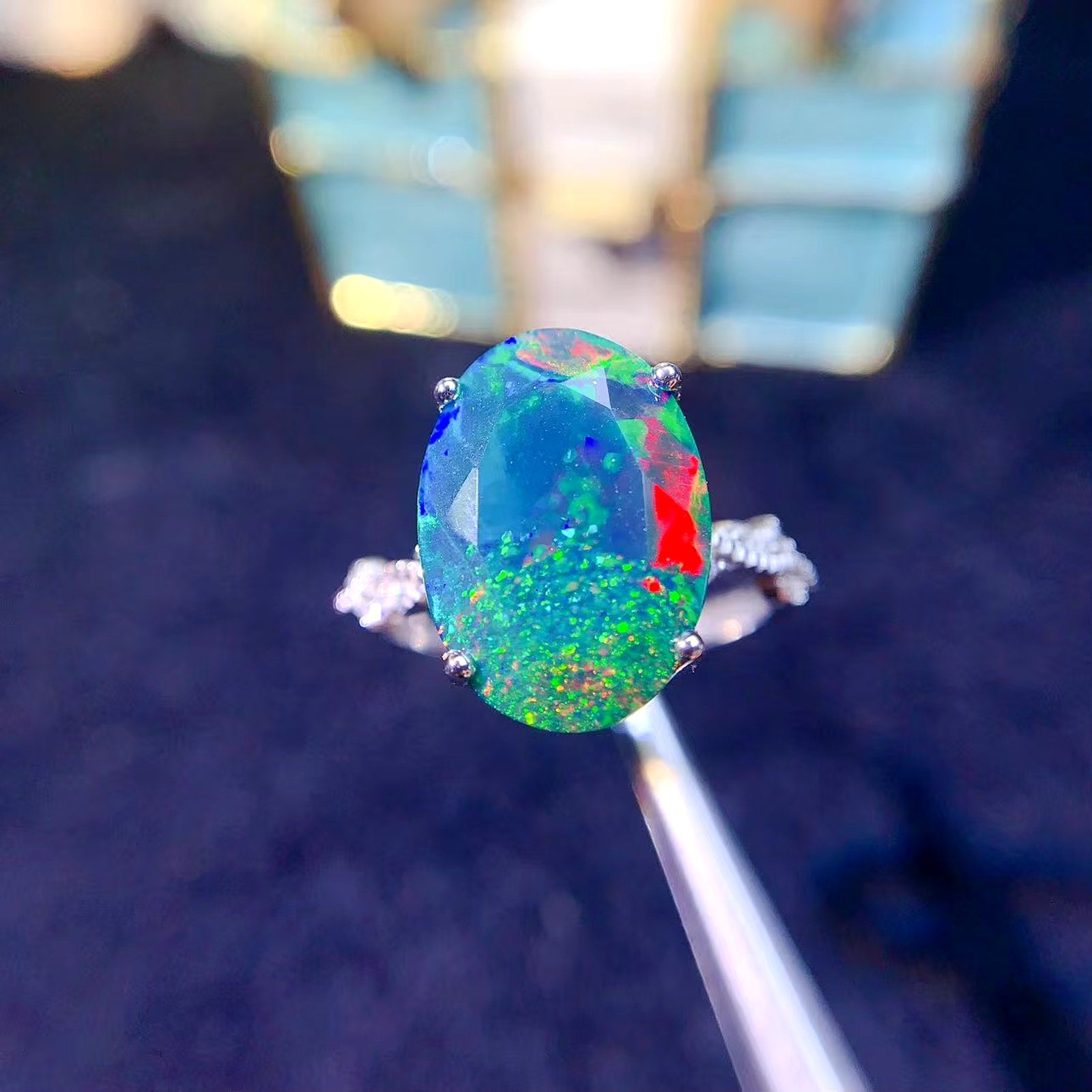 Black Opal Statement Ring, Australian Fire Opal Ring Sterling Silver 10.5x15mm