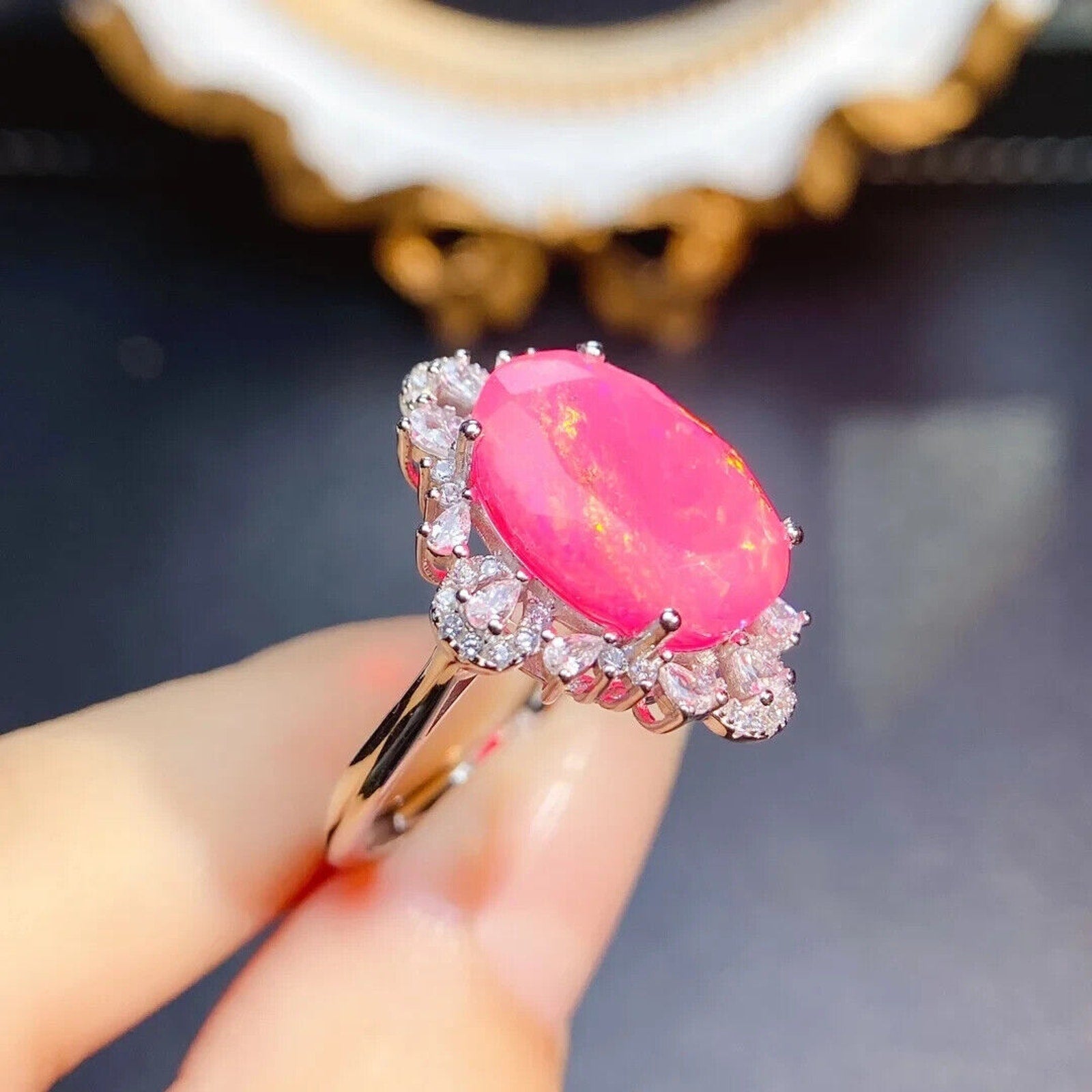 Pink Fire Opal Large Statement Ring 11x15mm, Natural Pink Fire Opal Ring