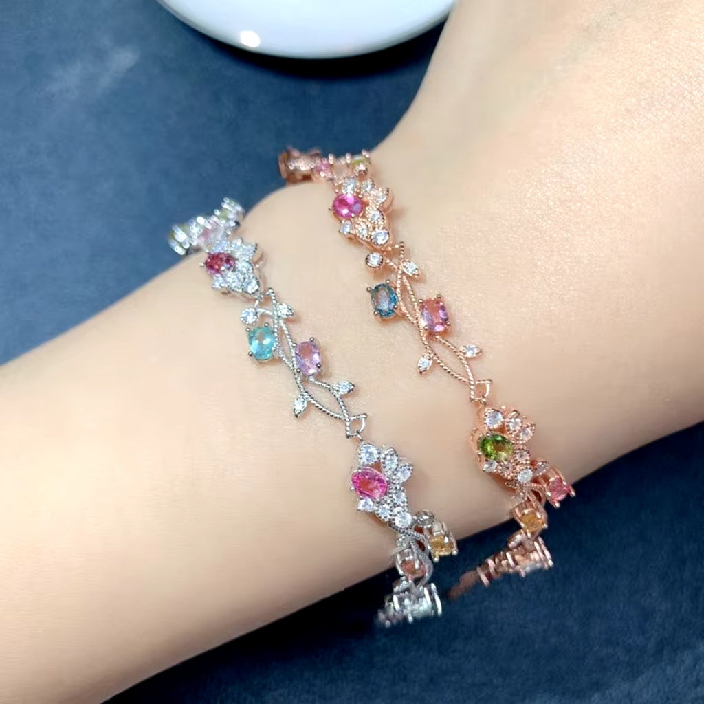Natural Brazilian Tourmaline Tennis Bracelet, Tourmaline Flower Bracelet