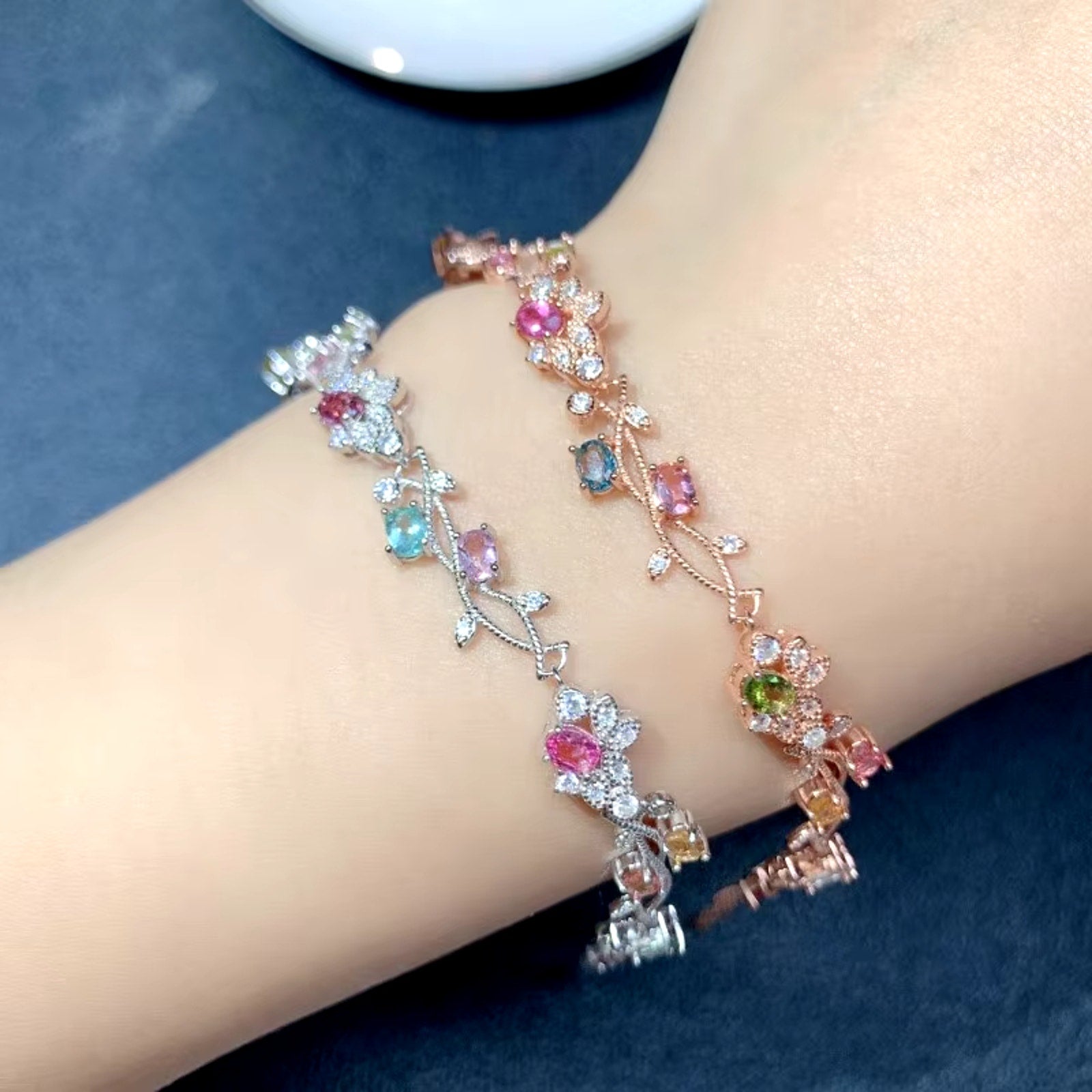 Natural Brazilian Tourmaline Tennis Bracelet, Tourmaline Flower Bracelet