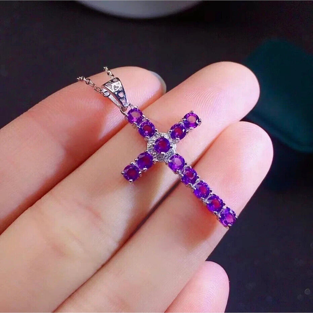 Natural Amethyst Cross Necklace, Gemstone Cross Necklace 925 Sterling Silver