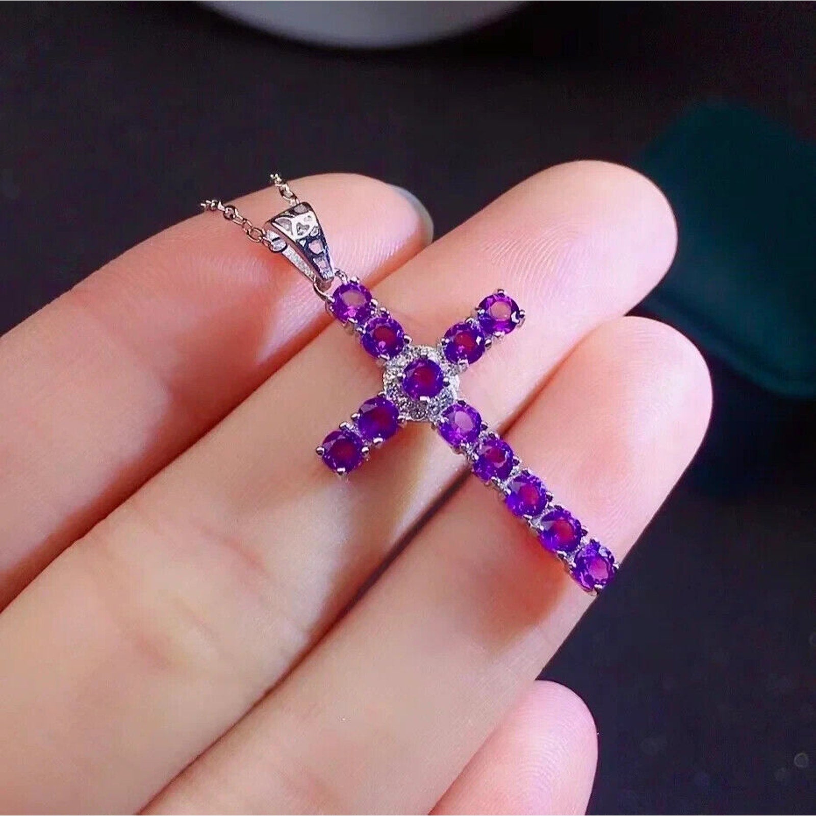 Natural Amethyst Cross Necklace, Gemstone Cross Necklace 925 Sterling Silver