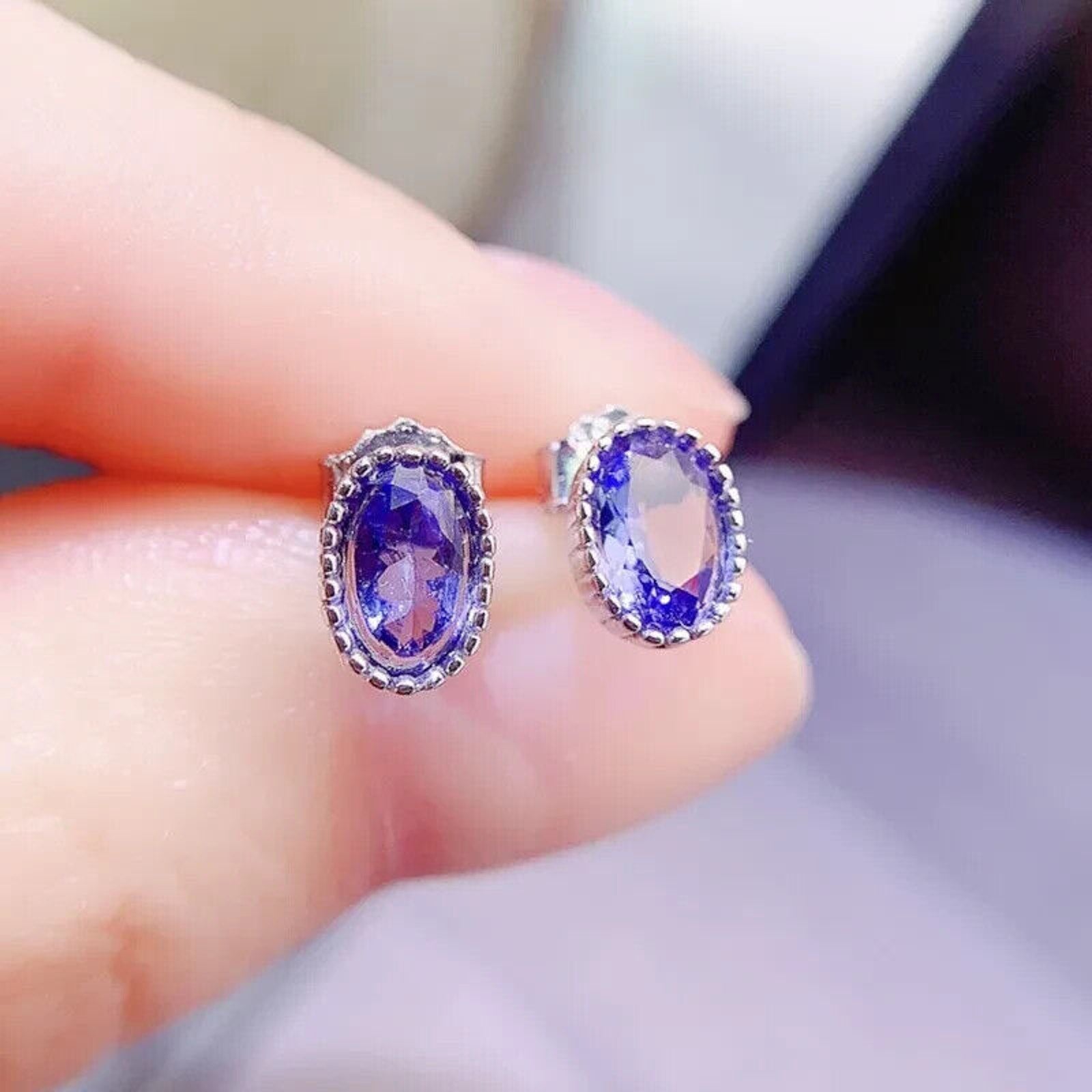 Genuine Tanzanite Stud Earrings – 4x6mm Oval | 925 Sterling Silver