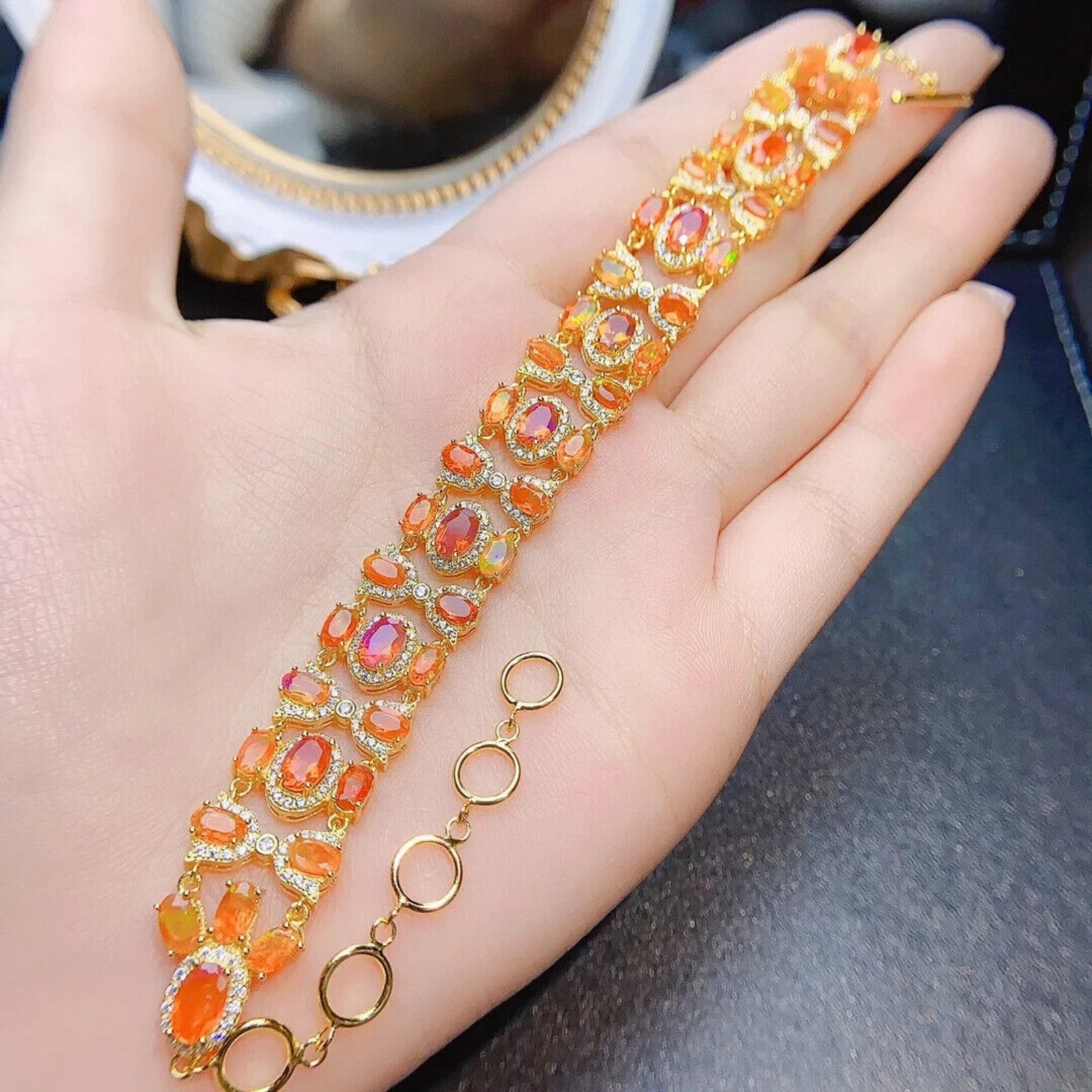 Mexican Orange Fire Opal Gemstone Bracelet, Orange Fire Opal Tennis Bracelet