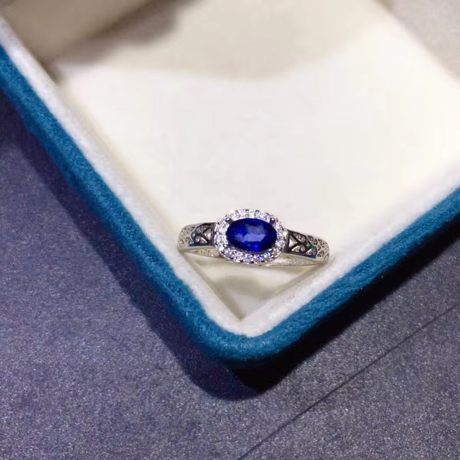 Mens Natural Sapphire Band Ring 4x6mm, Sterling Silver Mens Sapphire Ring