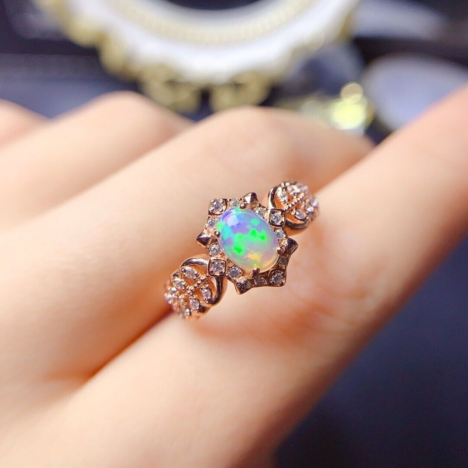 Vintage Style Opal Cocktail Ring, Natural Fire Opal Cocktail Ring Rose Gold