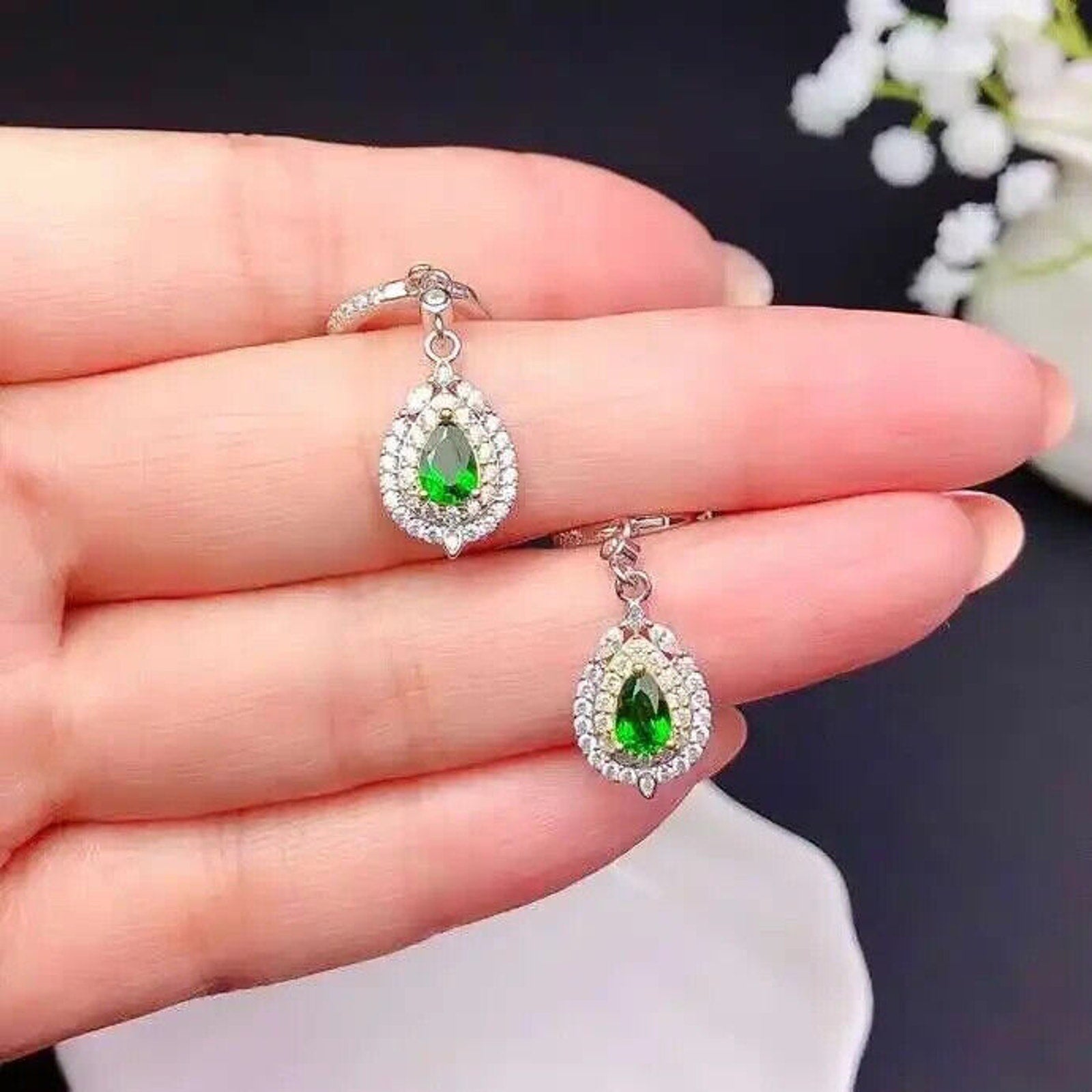 Chrome Diopside Pear Cut Dangle Hoop Earrings, Natural Diopside Earrings