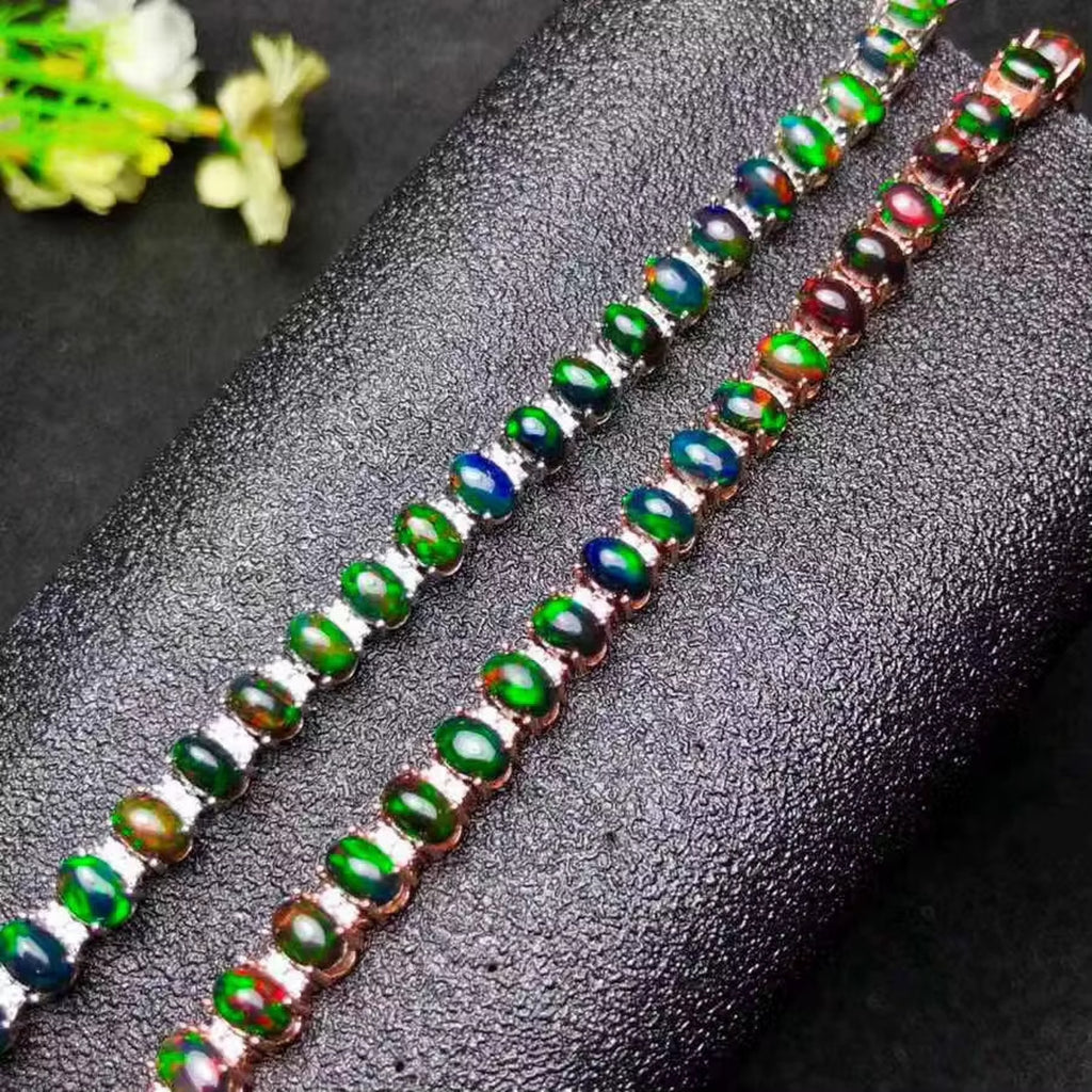Natural Fire Opal Tennis Bracelet, Colorful Black Opal Bracelet 925 Sterling