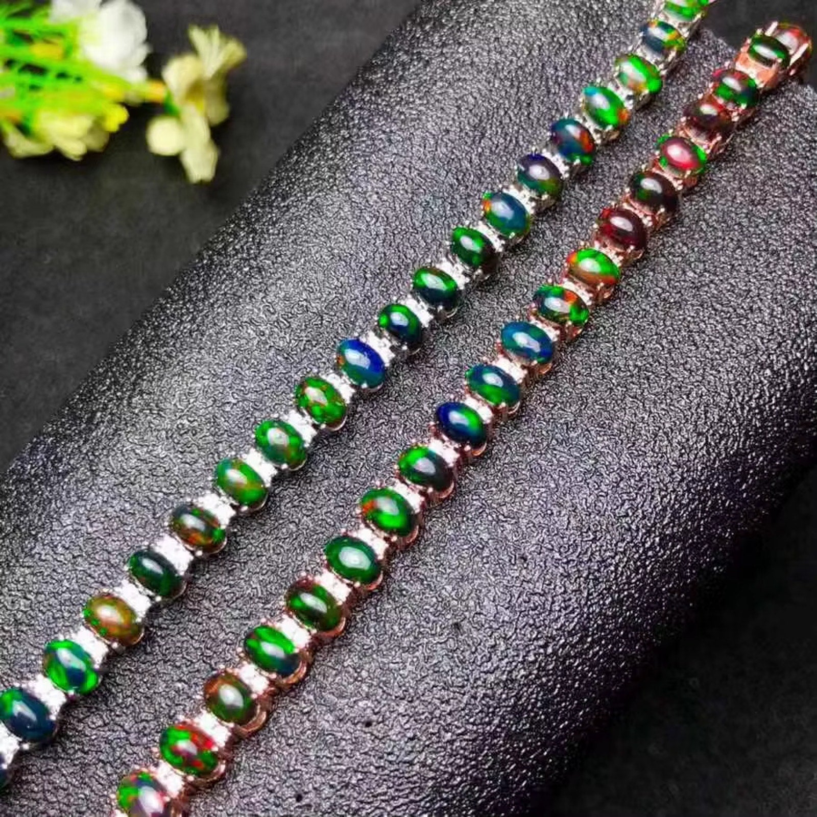 Natural Fire Opal Tennis Bracelet, Colorful Black Opal Bracelet 925 Sterling