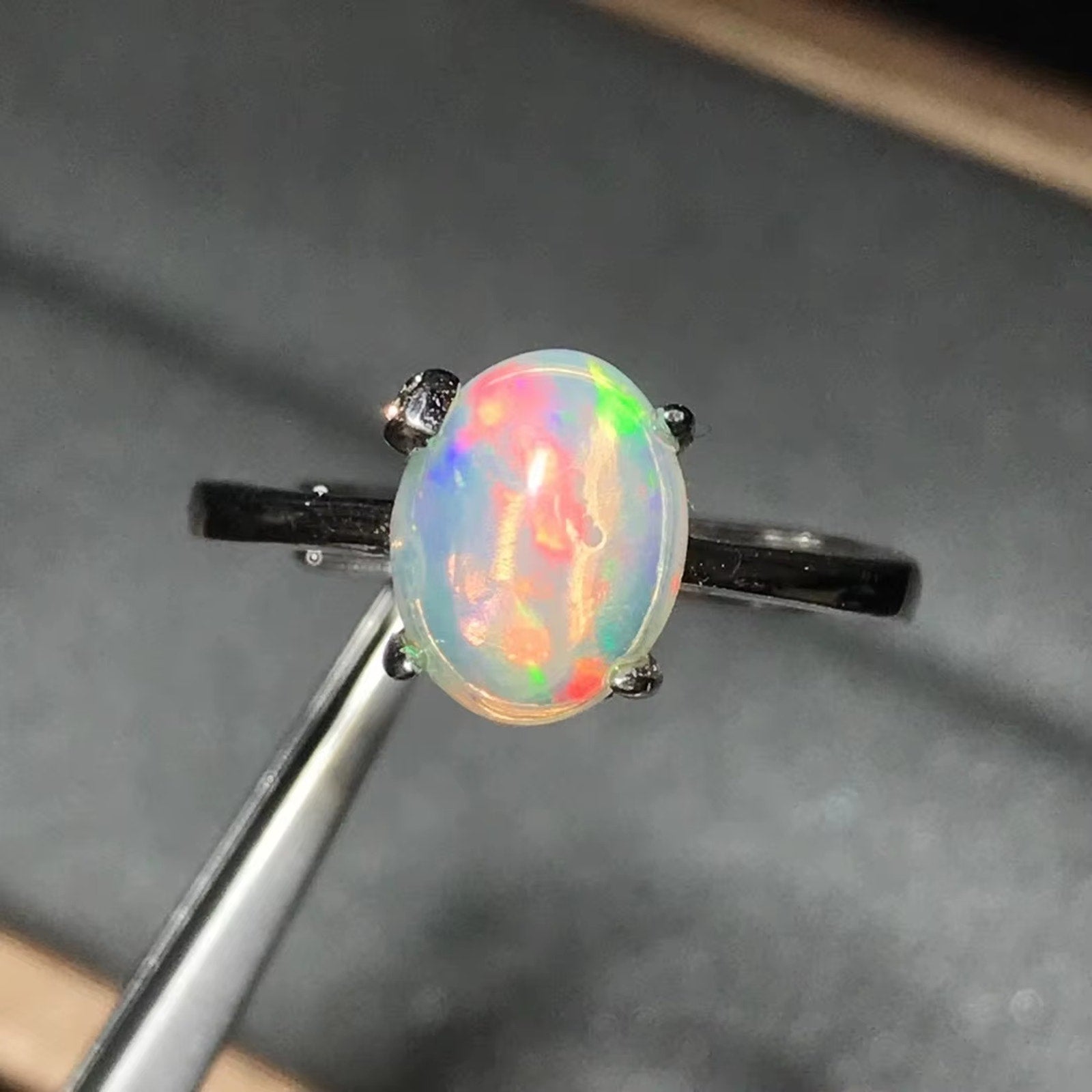 Rainbow Fire Opal Solitaire Ring 925 Sterling Silver Natural Fire Opal 7x9mm