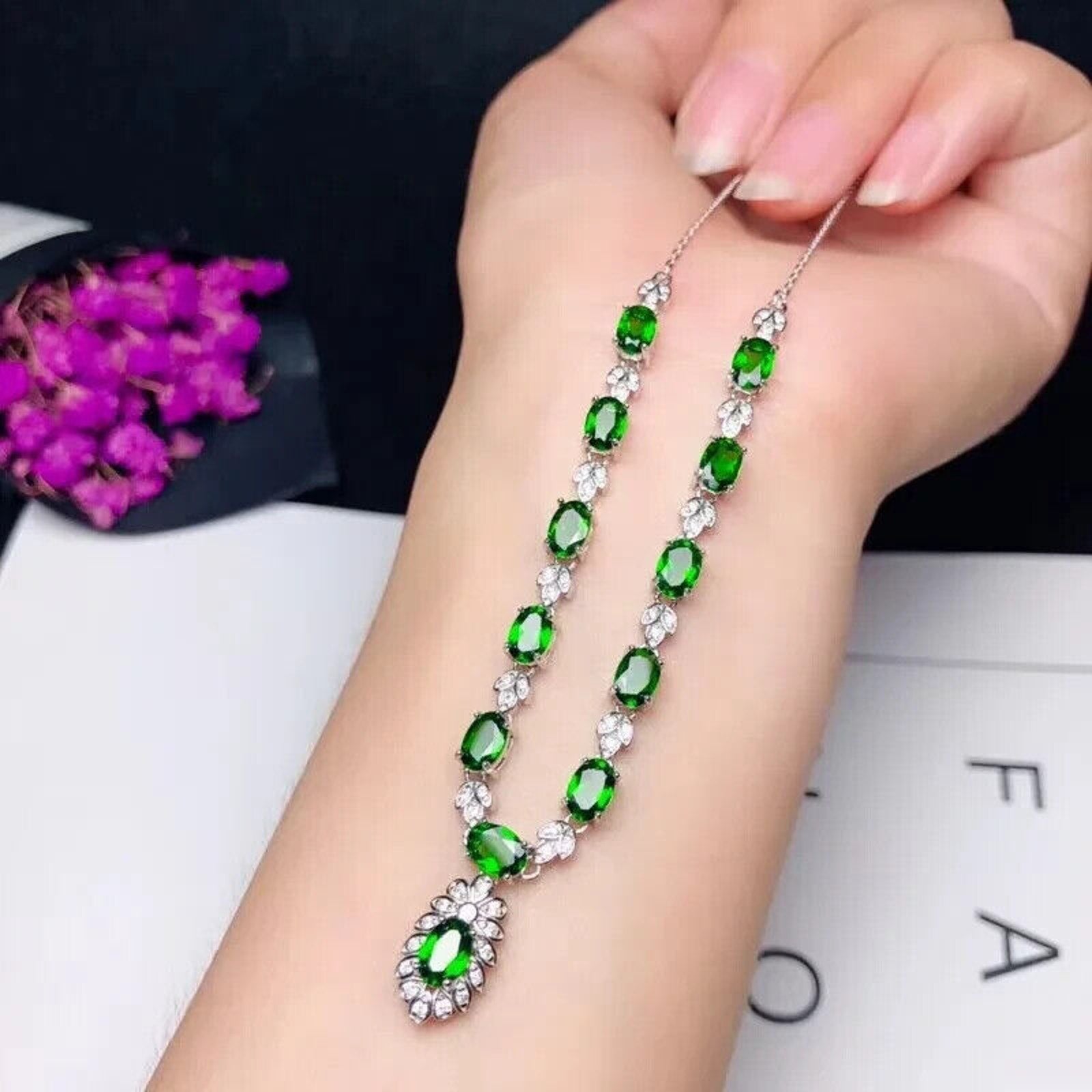 Chrome Diopside Statement Necklace, Natural Diopside Clavicle Chain Necklace